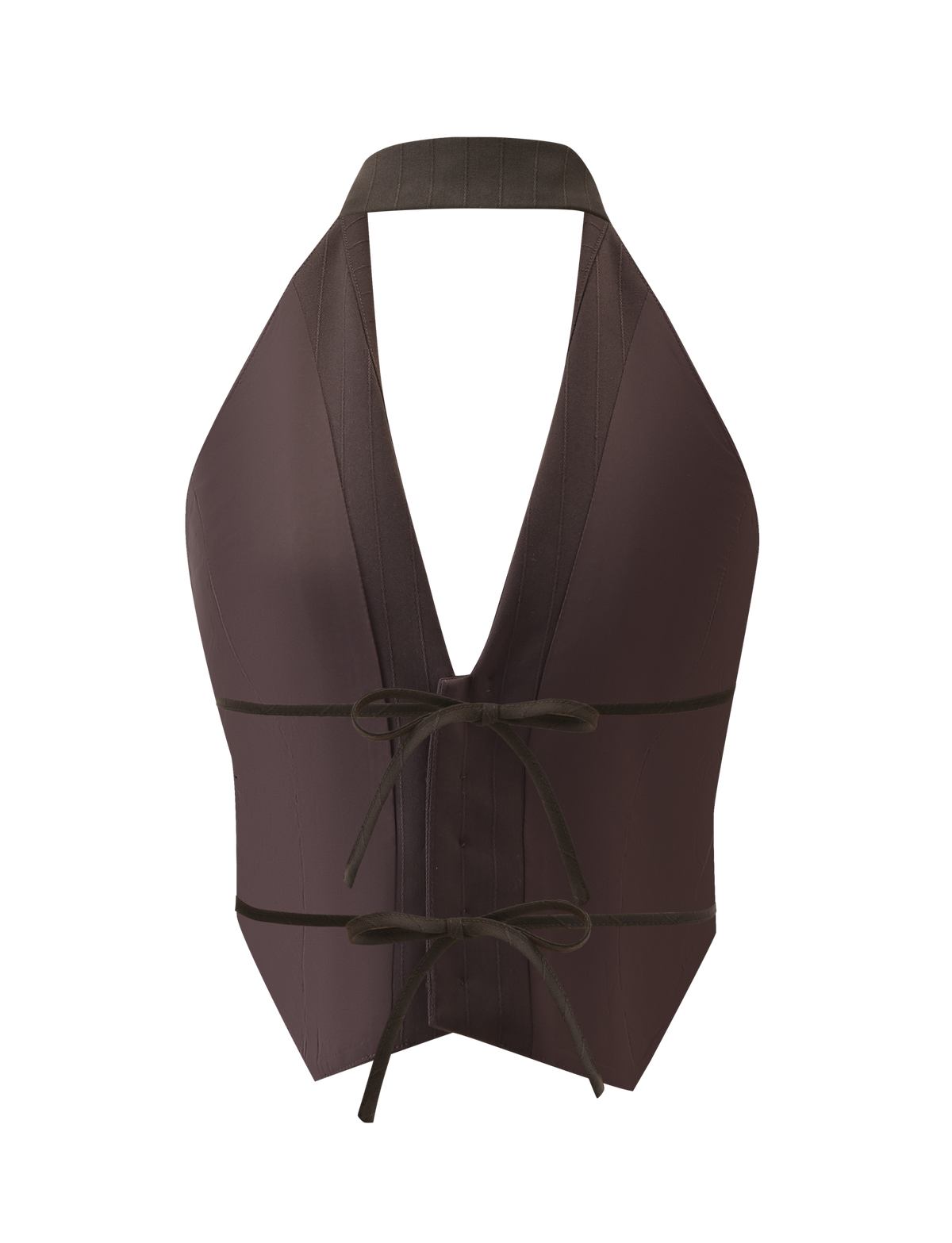 The FEDRA VEST - CHOCOLATE by TIGERMIST is a sleeveless halter suiting vest in chocolate with a deep V-neck, structured lines, and two front waist ties, styled against a plain white background.