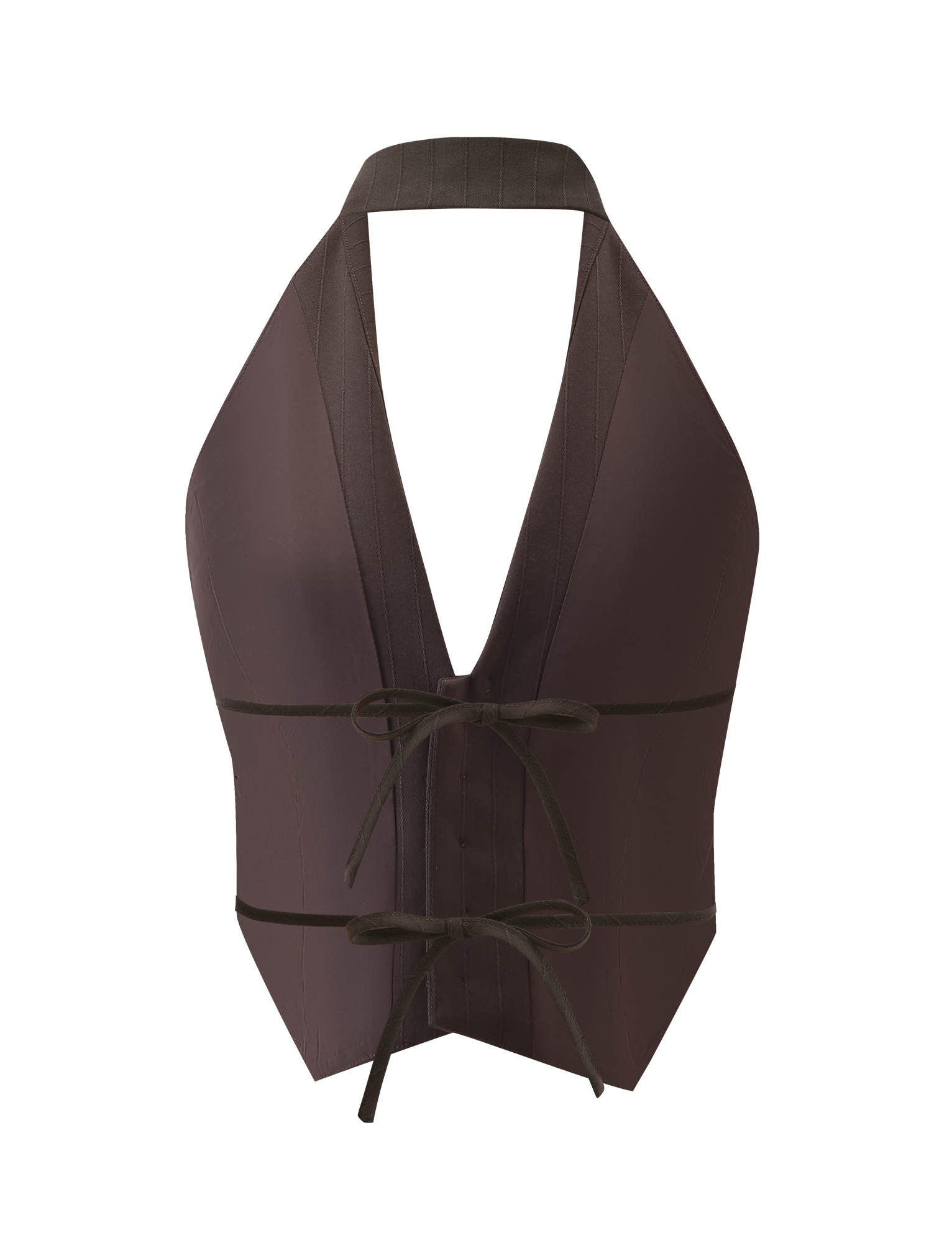 The FEDRA VEST - CHOCOLATE by TIGERMIST is a sleeveless halter suiting vest in chocolate with a deep V-neck, structured lines, and two front waist ties, styled against a plain white background.