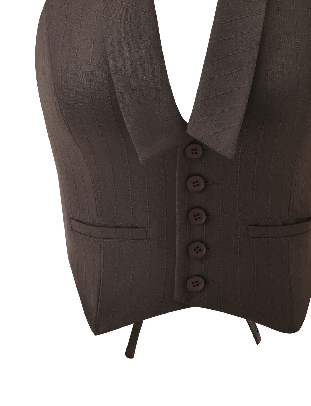The FEDRA VEST - CHOCOLATE by TIGERMIST features a dark brown pinstripe, deep V-neck, five front buttons, two welt pockets, and an adjustable bottom strap.