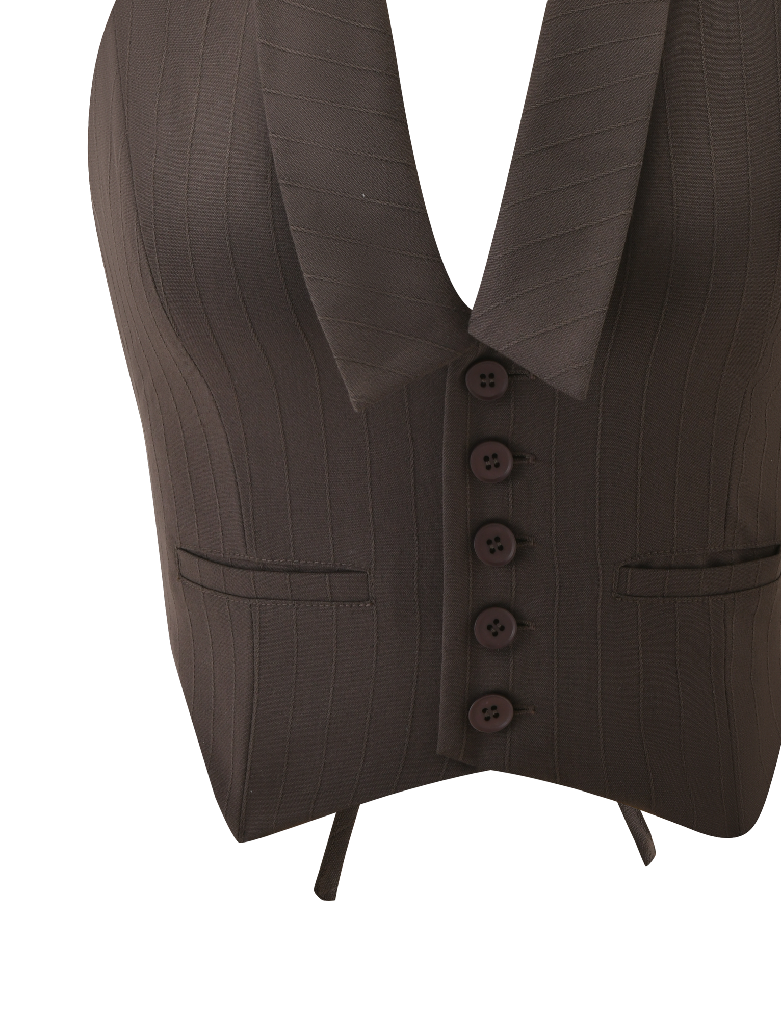 The FEDRA VEST - CHOCOLATE by TIGERMIST features a dark brown pinstripe, deep V-neck, five front buttons, two welt pockets, and an adjustable bottom strap.