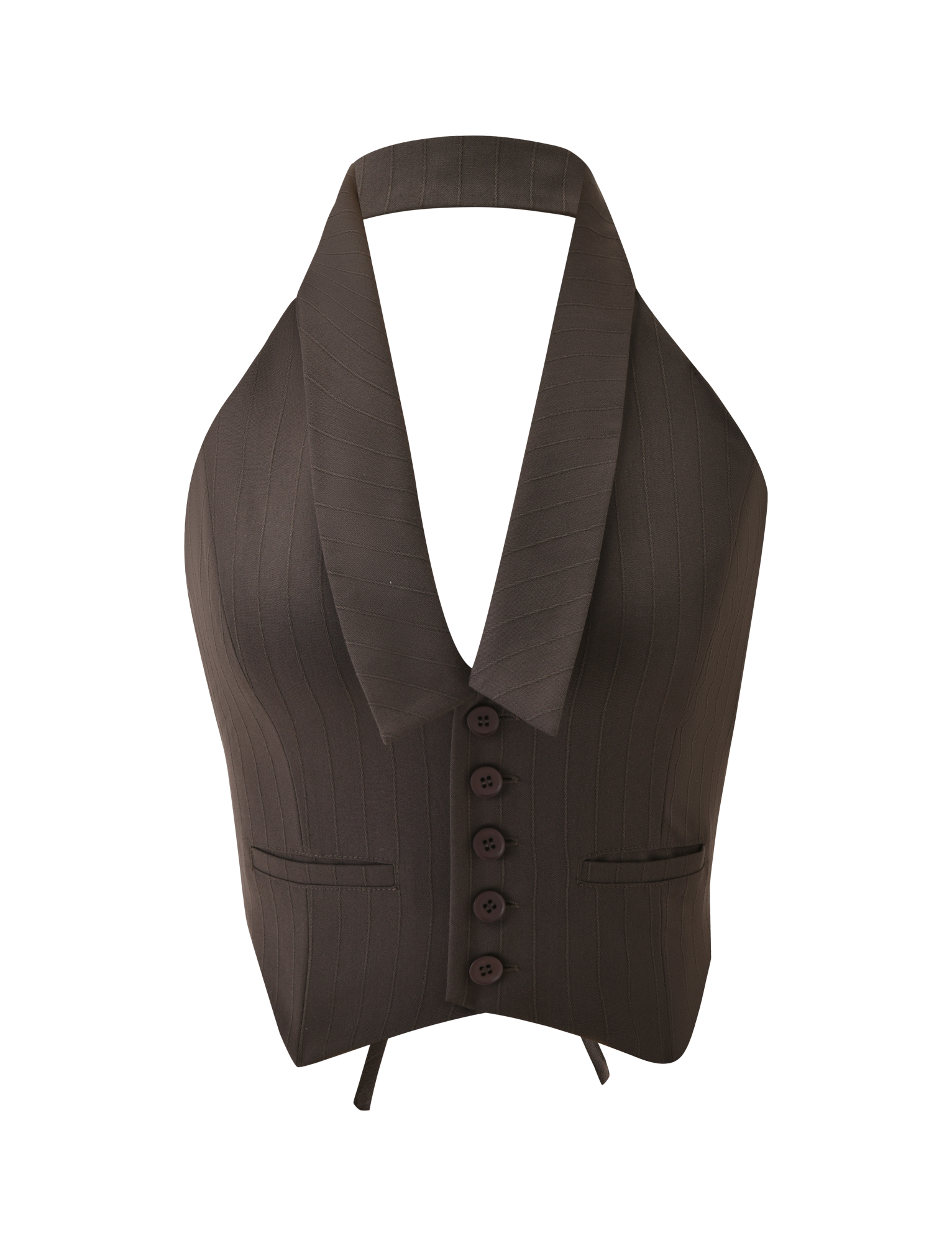 The TIGERMIST FEDRA VEST - CHOCOLATE is a sleeveless halter vest with a deep V-neckline, shawl collar, button front, and two small pockets, shown here against a white background.