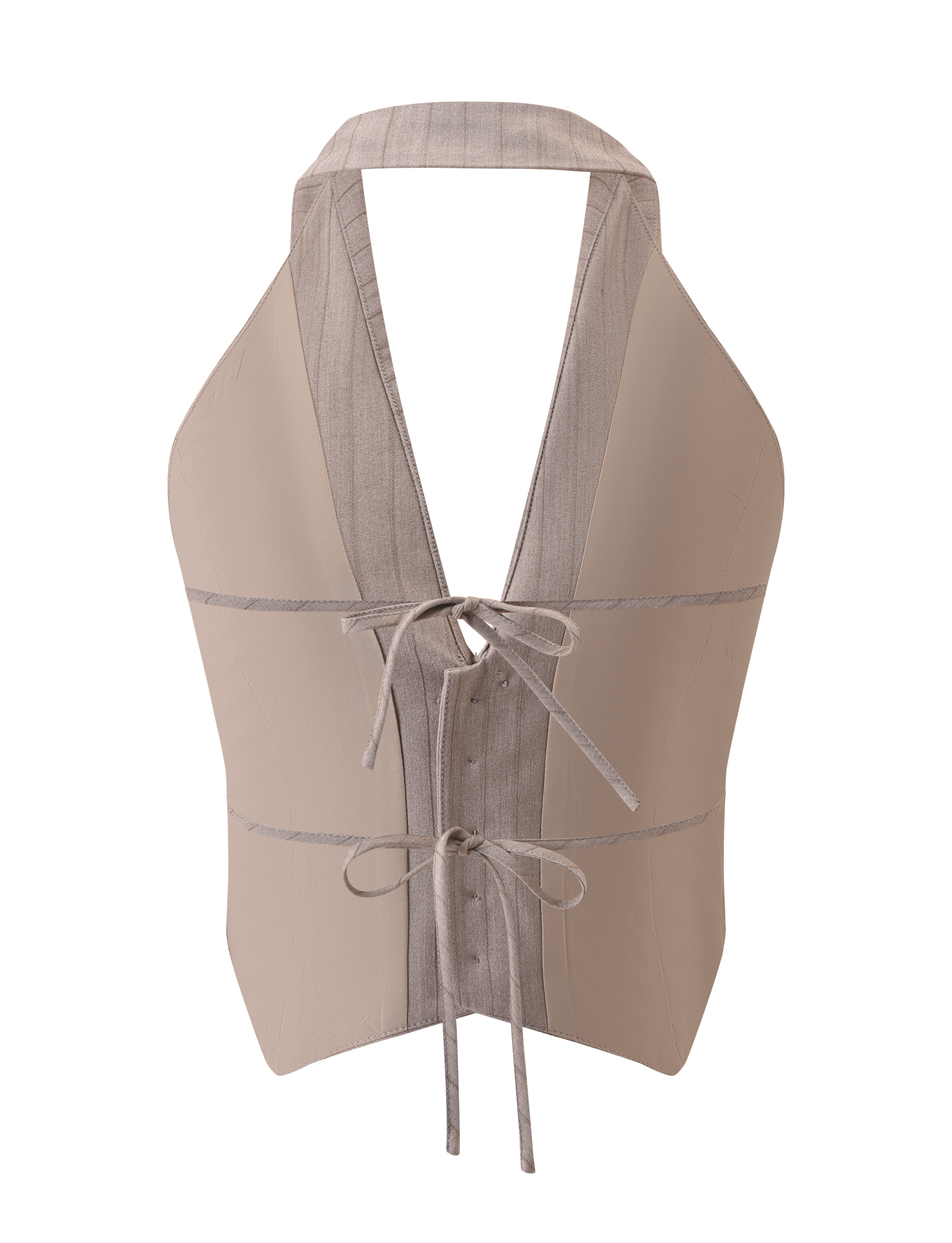 The TIGERMIST FEDRA VEST - TAN PINSTRIPE is a halter suiting vest with a deep V-neck, wide collar, two front tie closures, and a combination of smooth and pinstriped fabric panels for an elevated look.