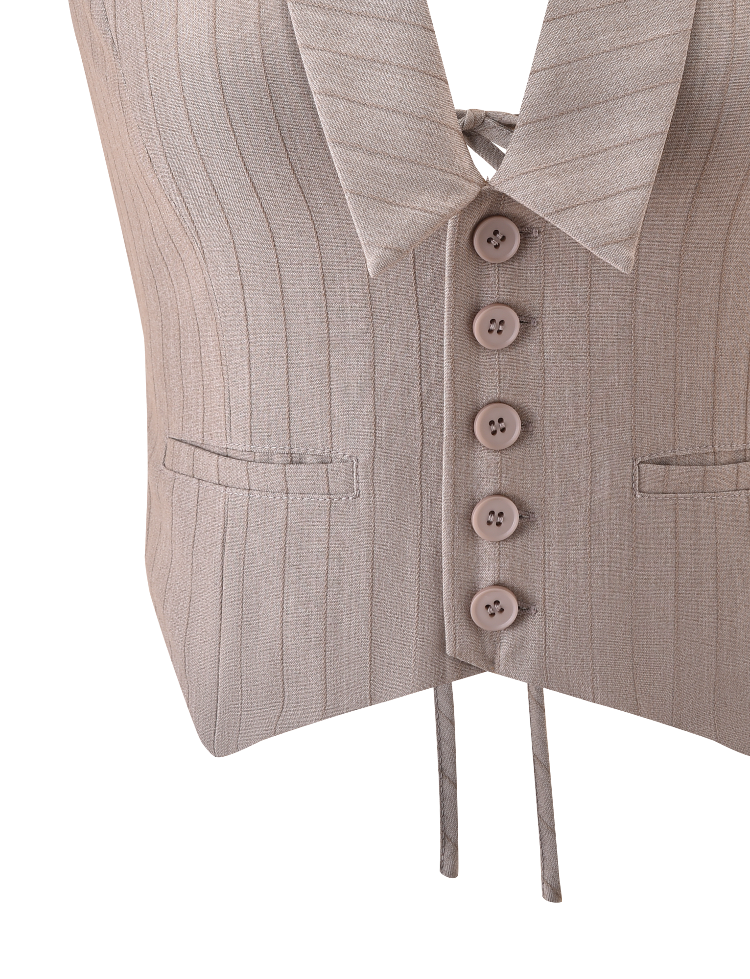 Close-up of the FEDRA VEST - TAN PINSTRIPE by TIGERMIST, featuring five matching buttons, two front pockets, a deep V-neck, and two fabric ties at the bottom.