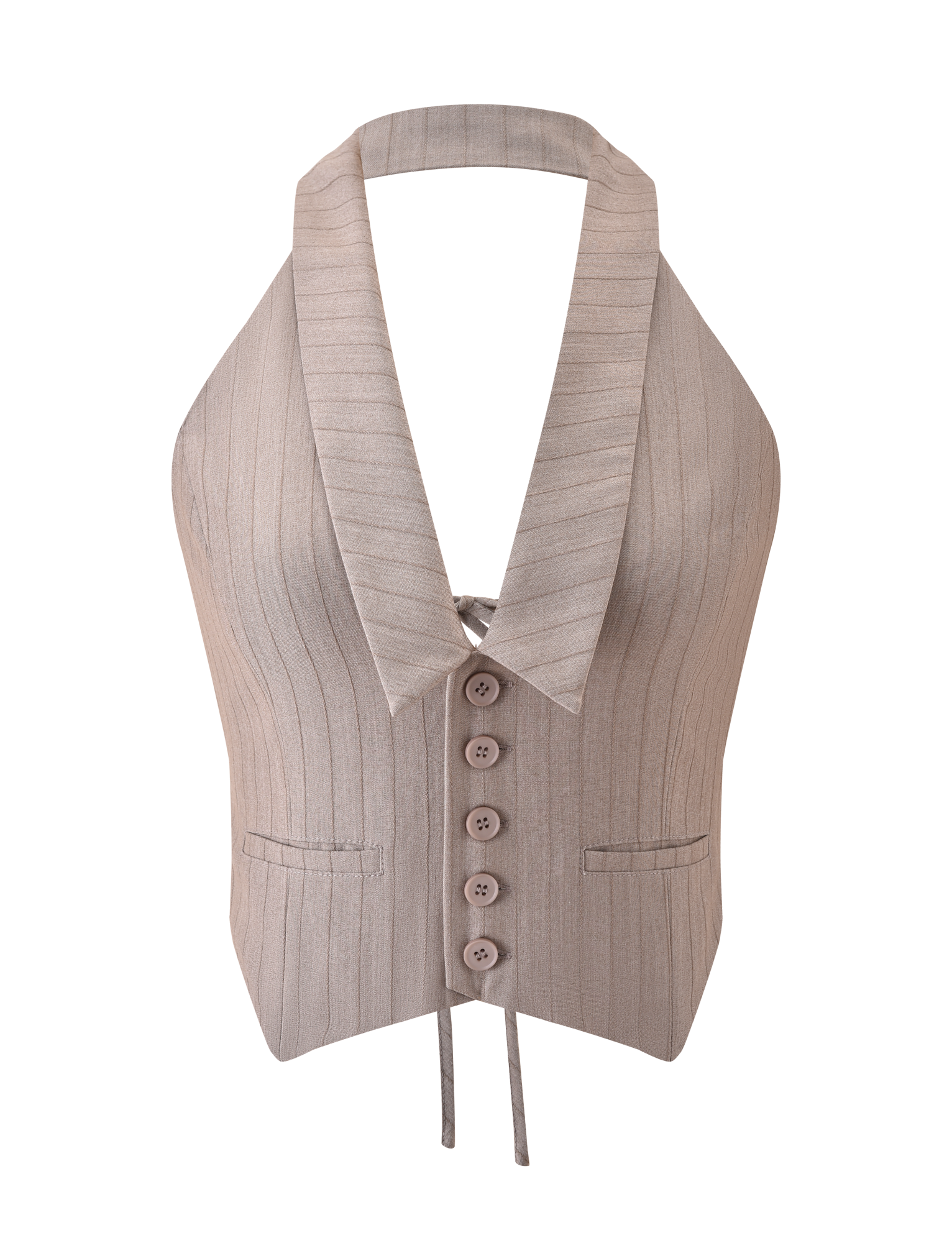 The TIGERMIST FEDRA VEST - TAN PINSTRIPE features a halter neck, deep V-neckline, wide lapels, five front buttons, two small pockets, and waist ties, shown here on a white background.