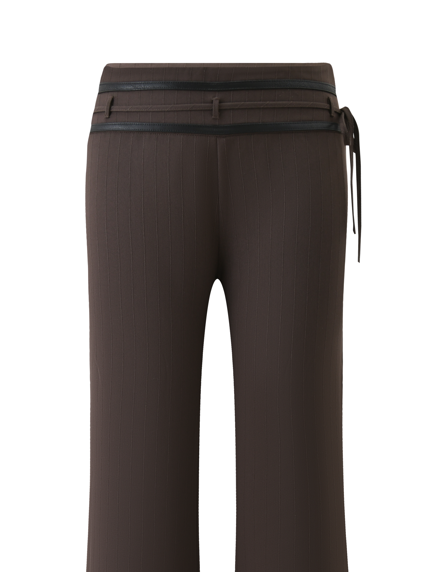 The TIGERMIST FEDRA PANT - CHOCOLATE features a fitted waistband, slim black belt straps, side tie detail, and slightly flared legs. Shown from the back on a white background.