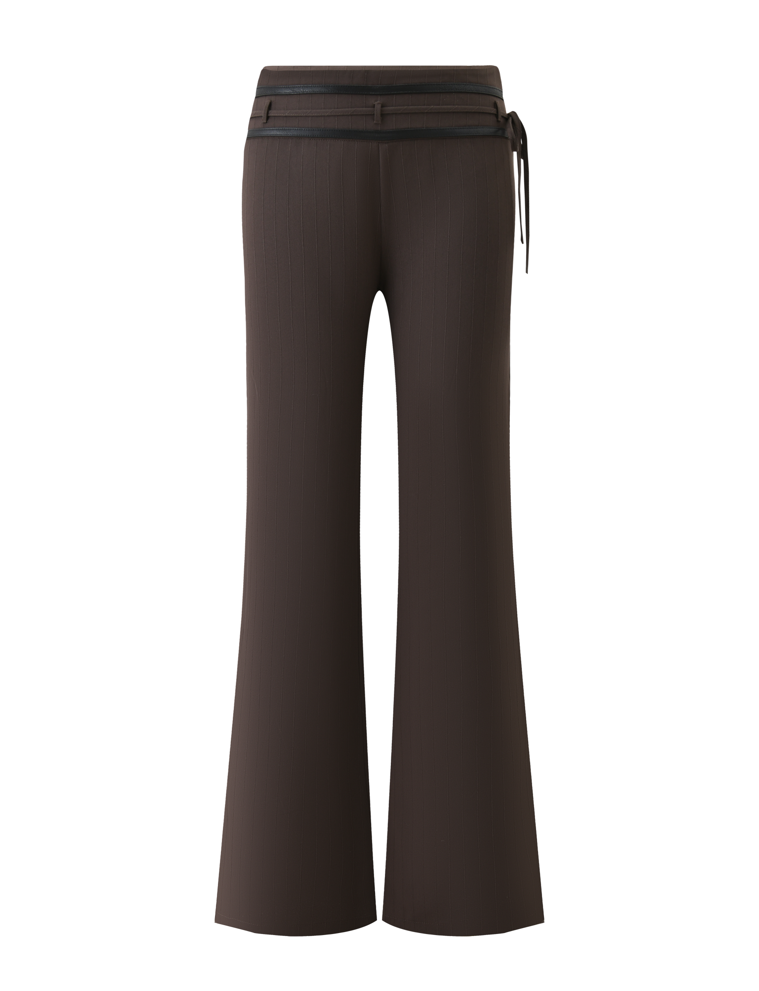 Back view of TIGERMIST FEDRA PANT - CHOCOLATE: high-waisted tailored pants with subtle vertical stripes, black waistband, side tie detail, and an elongated flared silhouette.