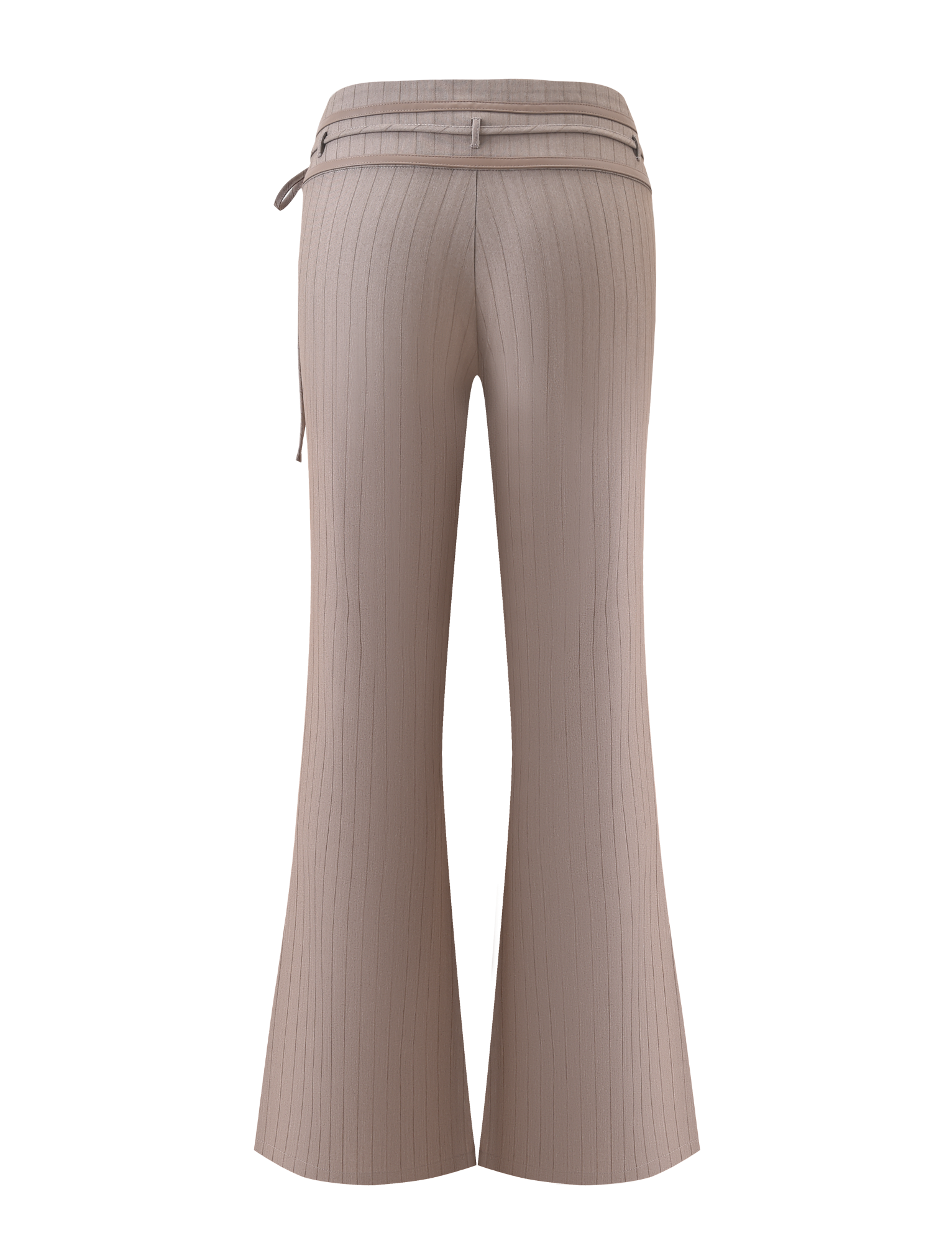 Back view of the TIGERMIST FEDRA PANT - TAN PINSTRIPE, a tailored flared-leg suit pant with matching belt, shown against a plain white background.