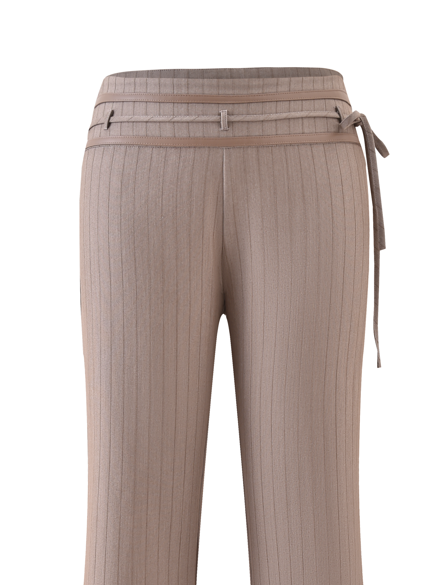The TIGERMIST FEDRA PANT - TAN PINSTRIPE features a high-waisted, wide-leg suit silhouette with a matching belt and side tie detail, displayed on a plain white background.