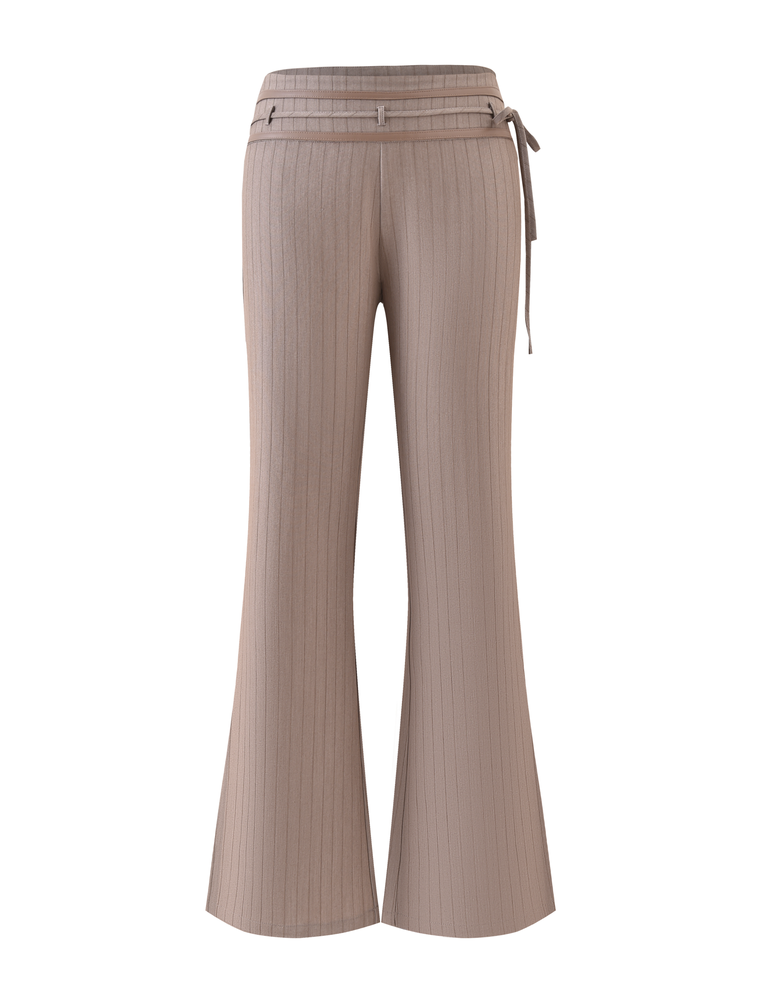 The FEDRA PANT - TAN PINSTRIPE by TIGERMIST features a beige high-waisted, tailored suit style with a matching tie belt, shown against a plain white background.