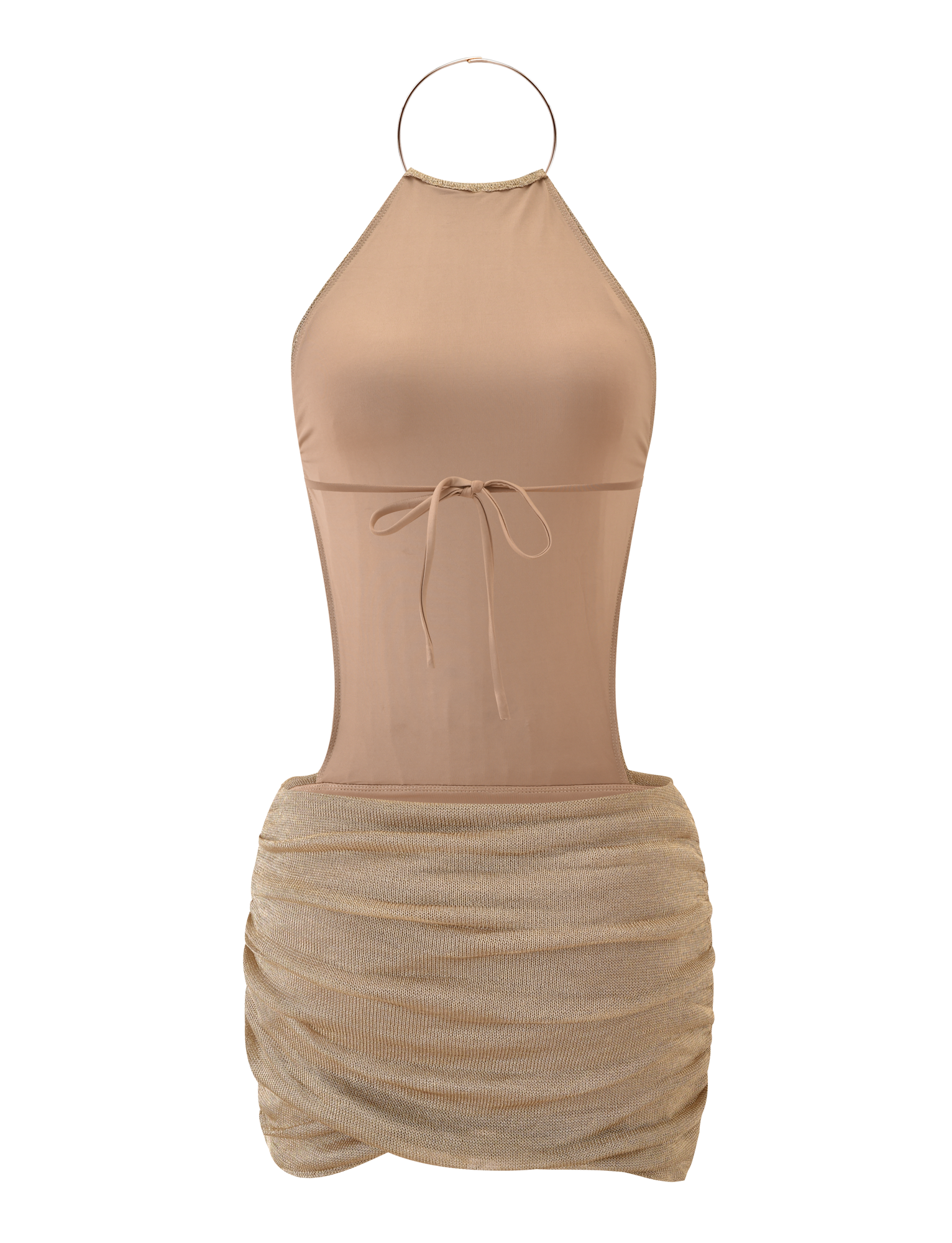 The TIGERMIST EVANNA MINI DRESS - GOLD is a sleeveless halter mini dress featuring a sheer bodice, front tie detail, open sides and back, and a ruched, textured skirt.