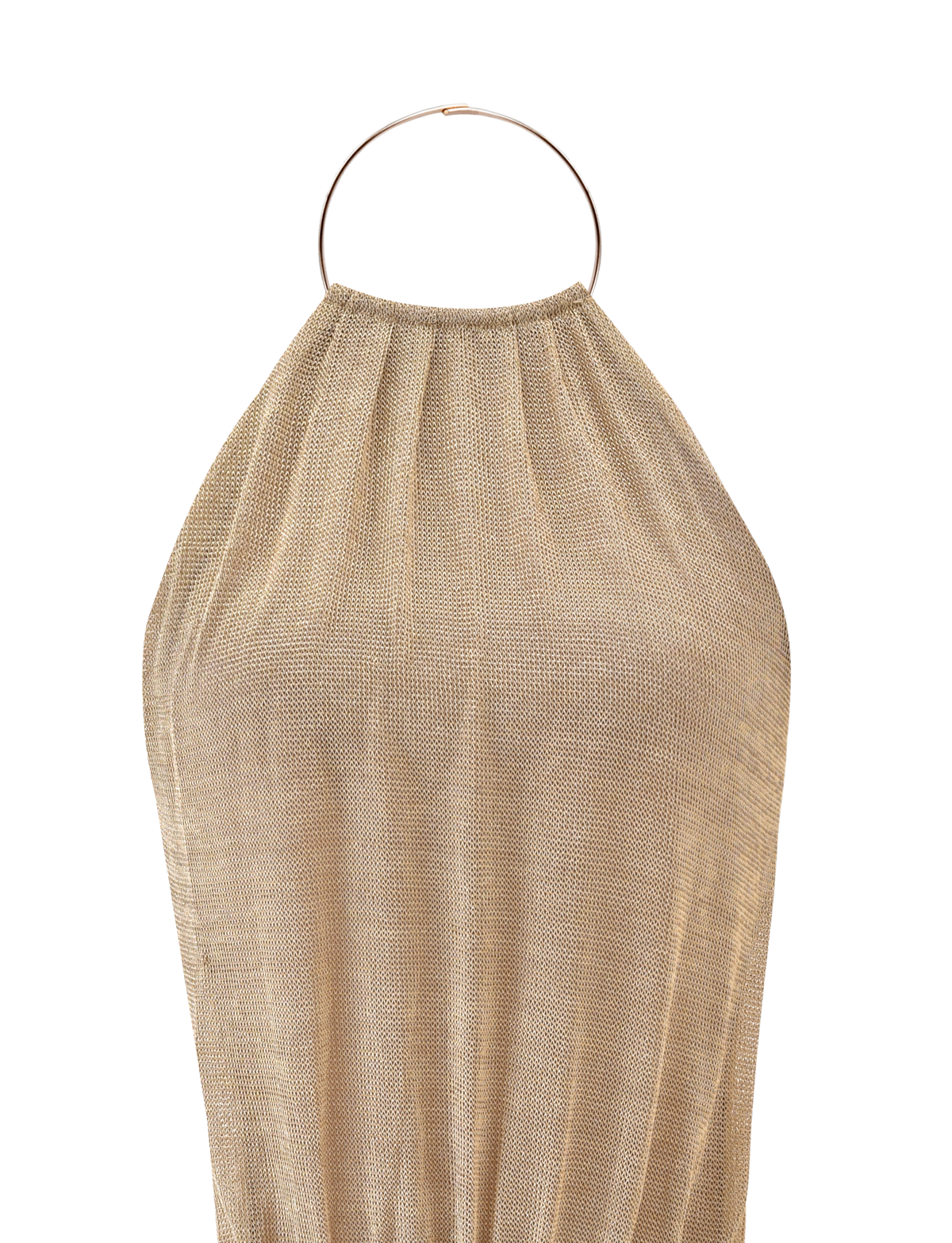The TIGERMIST EVANNA MINI DRESS - GOLD is a metallic halter mini dress with pleated texture, a round gold hoop neckline, and open back, shown on a plain white background.