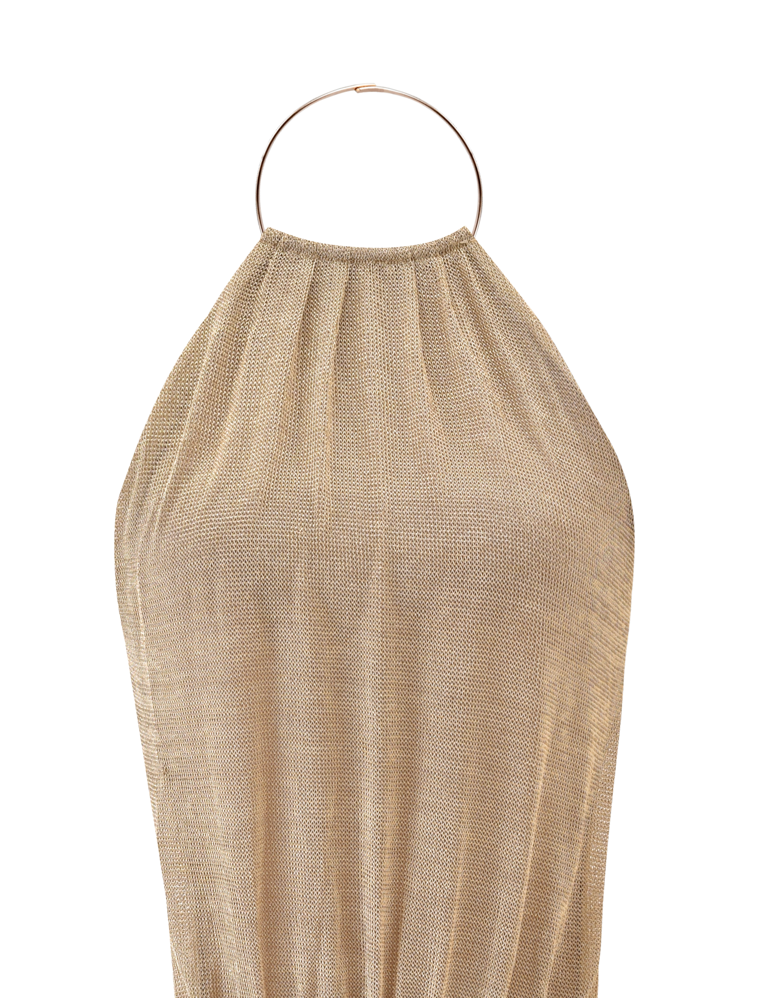 The TIGERMIST EVANNA MINI DRESS - GOLD is a metallic halter mini dress with pleated texture, a round gold hoop neckline, and open back, shown on a plain white background.