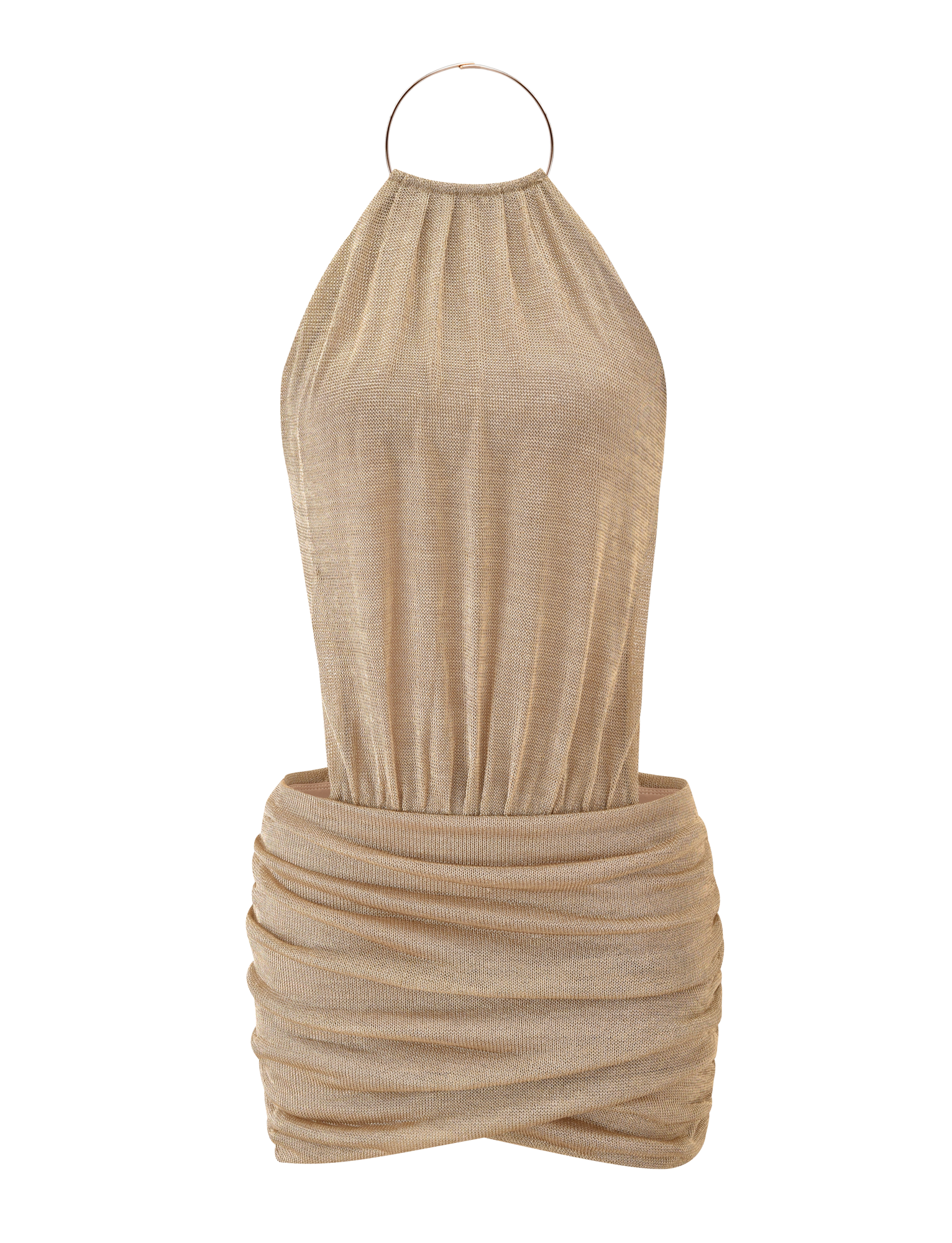 The TIGERMIST EVANNA MINI DRESS - GOLD features a halter-neck with metallic hoop detail, ruched draping at the skirt, a fitted silhouette, and an open back, shown against a plain white background.
