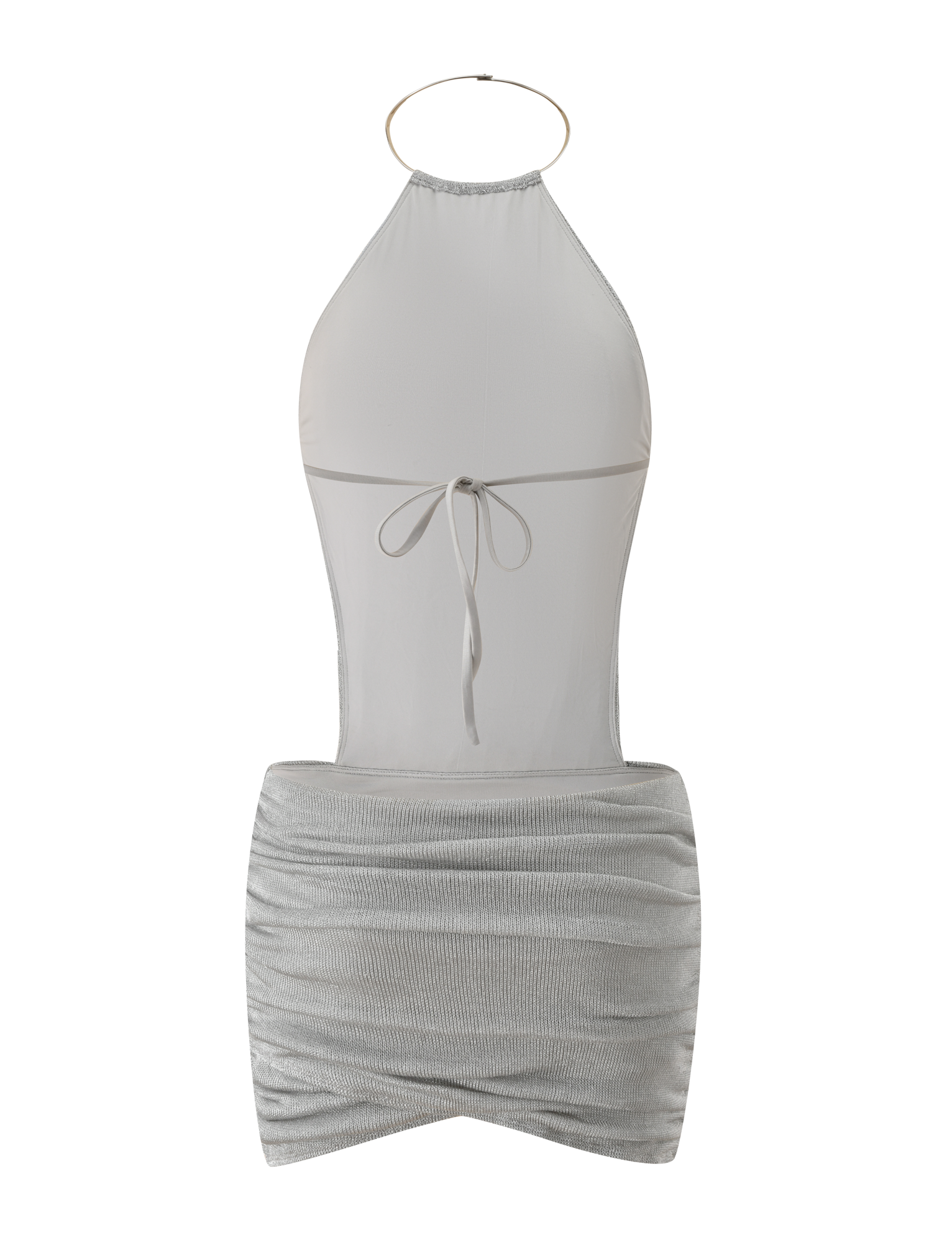 The TIGERMIST EVANNA MINI DRESS - SILVER features a sleeveless, backless halter design with a thin neck strap, light gray top, open mid-back tie, and shimmering silver ruched skirt—perfect for standout style.