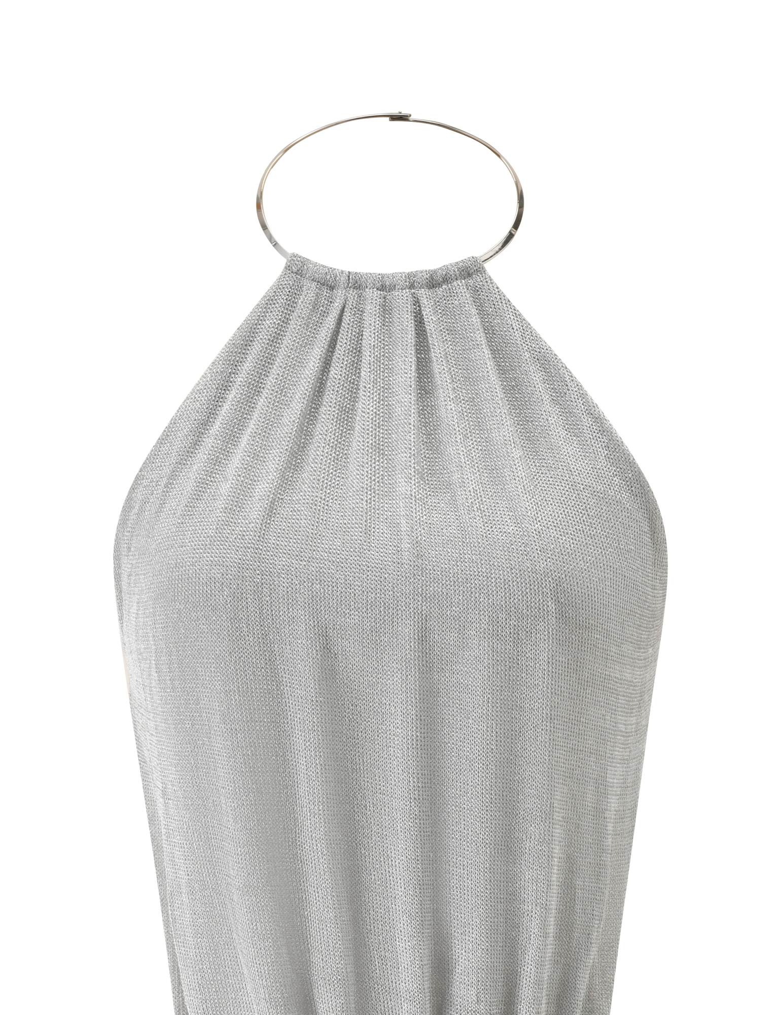 The TIGERMIST EVANNA MINI DRESS - SILVER is a sleeveless, metallic halter mini dress featuring a high neckline, gathered fabric, and a bold circular neck ring. Its open back design pops against the plain white background.