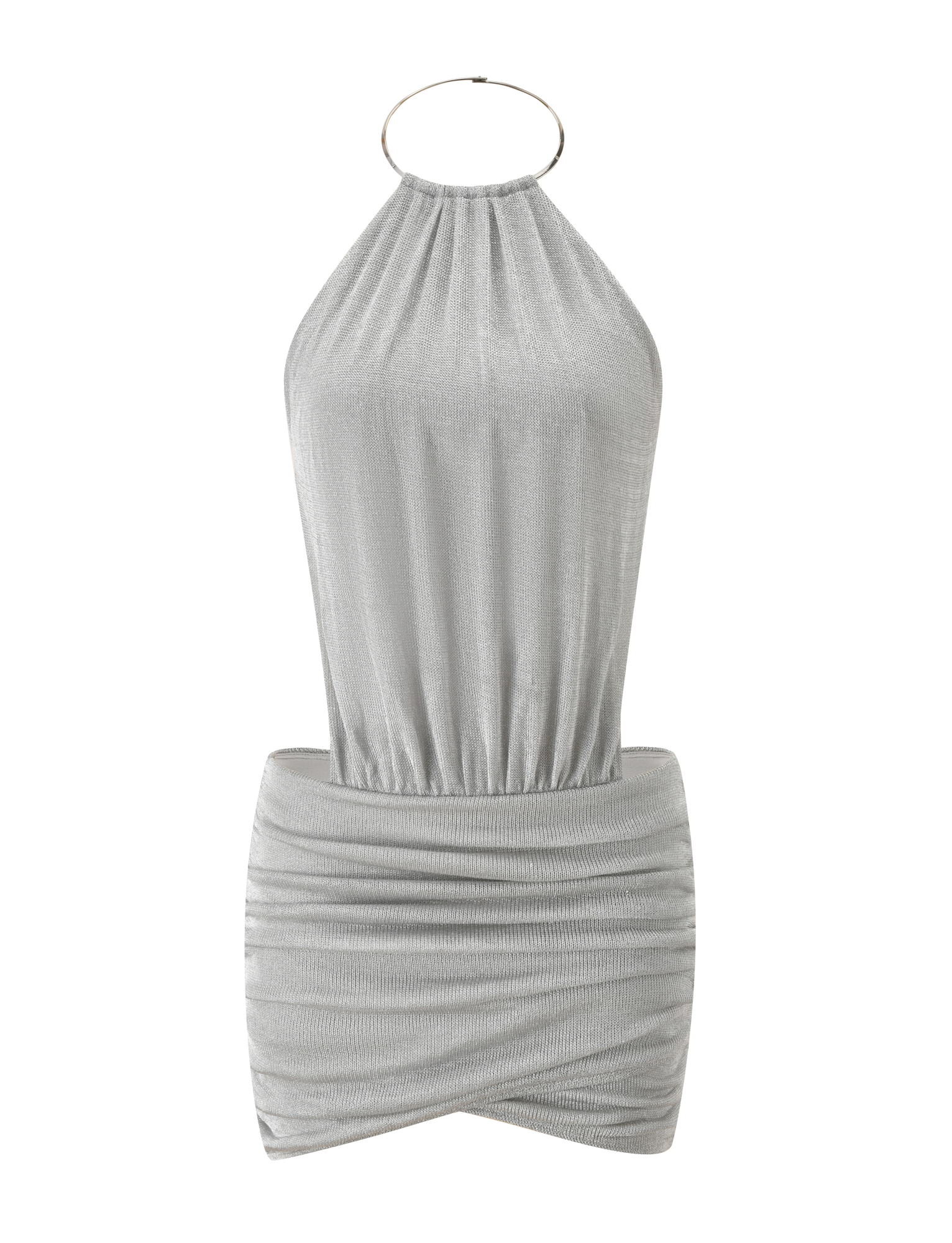 The TIGERMIST EVANNA MINI DRESS - SILVER features a sleeveless halter neckline, circular ring detail, ruched fitted skirt, and an alluring open back for extra glamour.