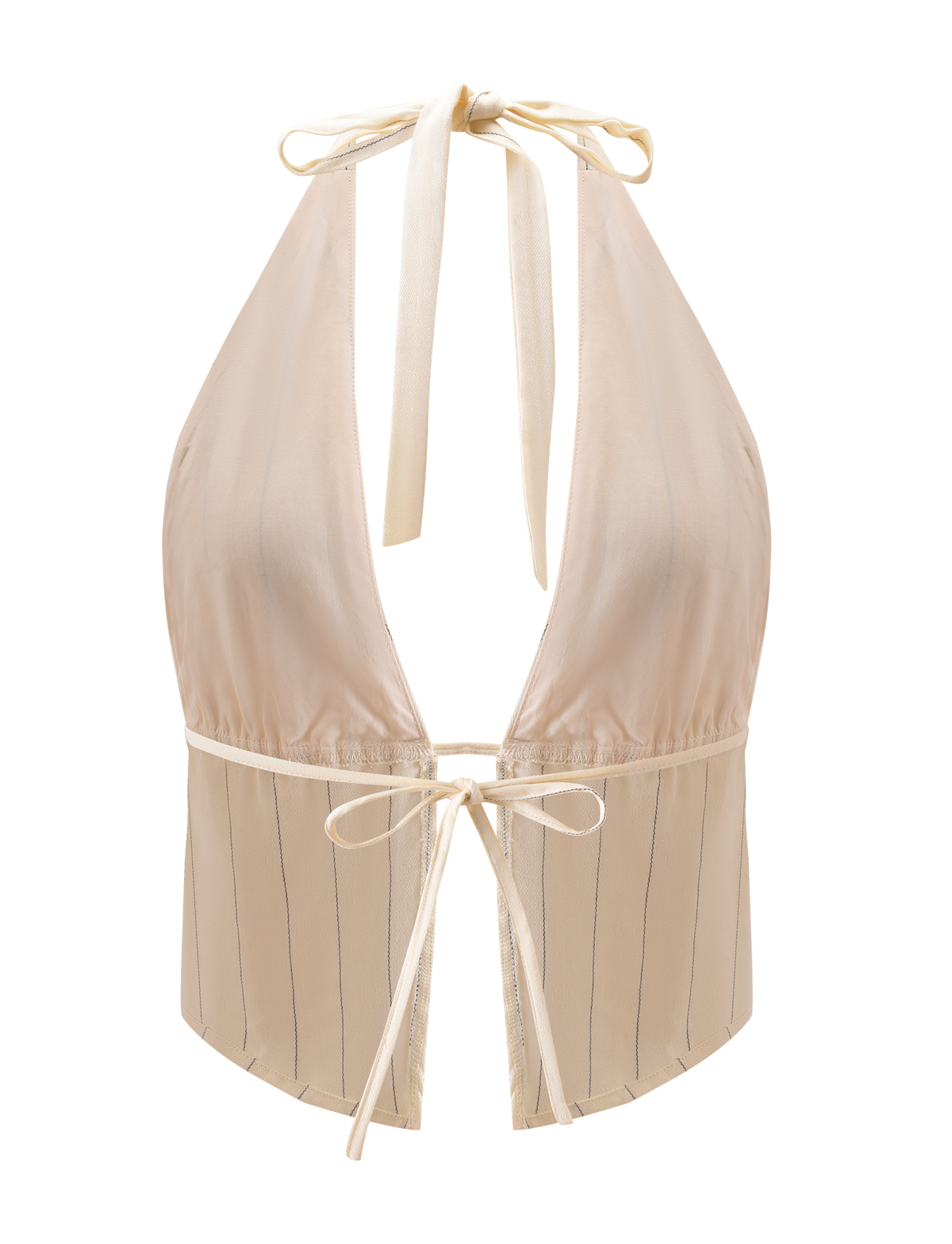 The LAINEY TOP - BEIGE STRIPE by TIGERMIST features thin vertical stripes, a deep V neckline, and adjustable halter ties at the neck and lower back. The linen fabric has a slight sheen with a soft, smooth finish.
