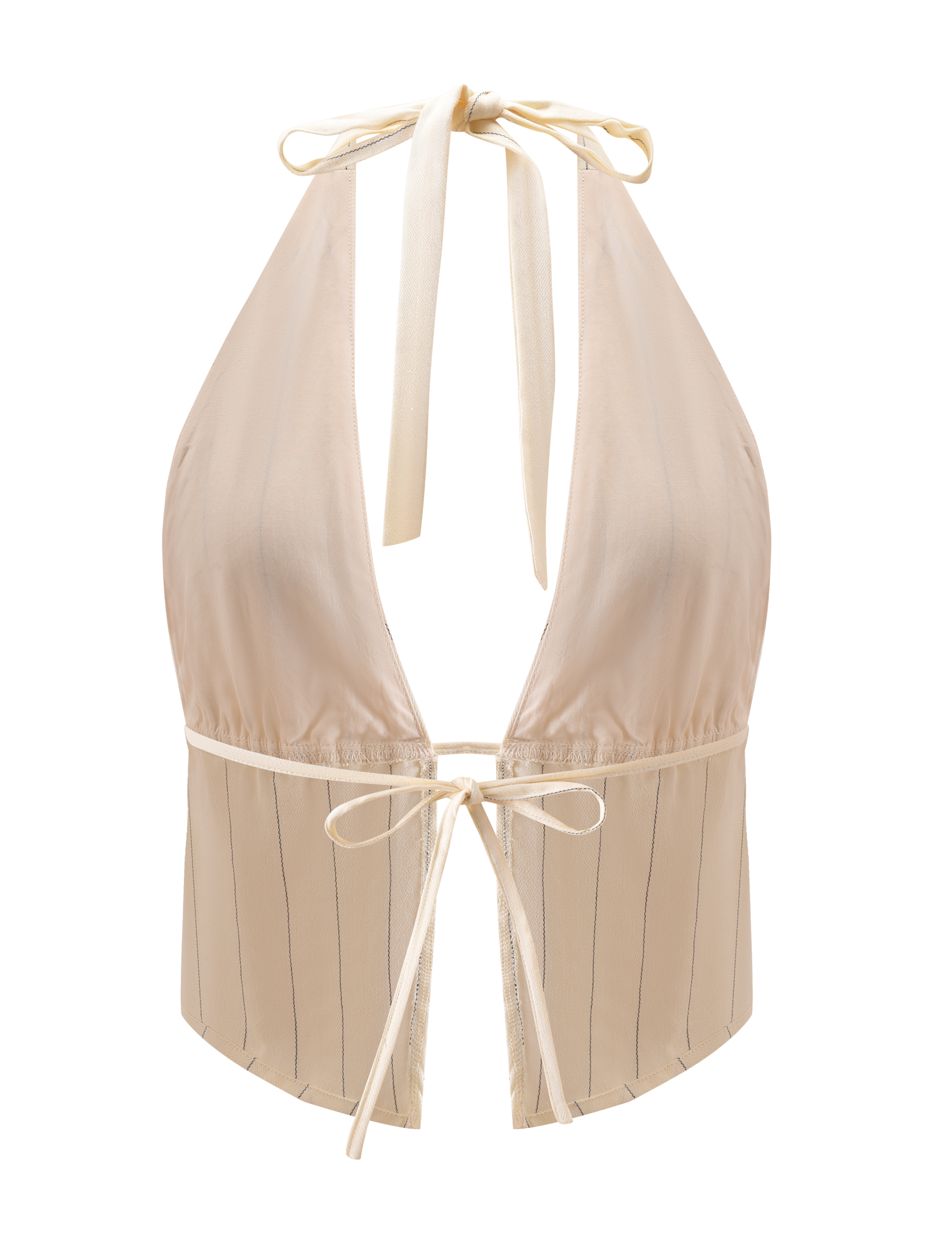 The LAINEY TOP - BEIGE STRIPE by TIGERMIST features thin vertical stripes, a deep V neckline, and adjustable halter ties at the neck and lower back. The linen fabric has a slight sheen with a soft, smooth finish.