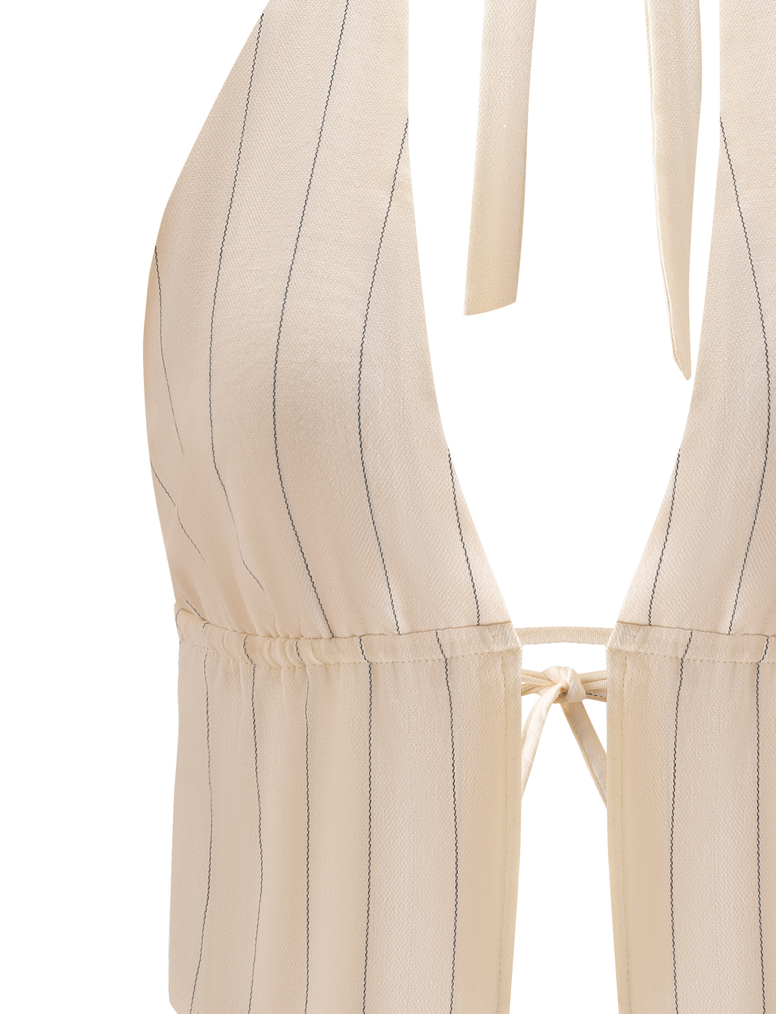 Close-up of the LAINEY TOP - BEIGE STRIPE by TIGERMIST, an open back halter with adjustable ties, thin vertical black stripes on cream fabric, a tie closure at the back, and a light textured look.