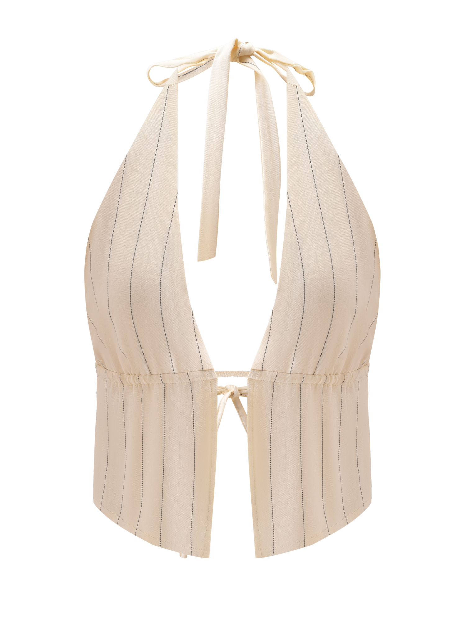 The LAINEY TOP - BEIGE STRIPE by TIGERMIST is a lightweight linen halter with thin vertical stripes, a deep V-neck, open back, and adjustable ties at the neck and waist for a relaxed fit.