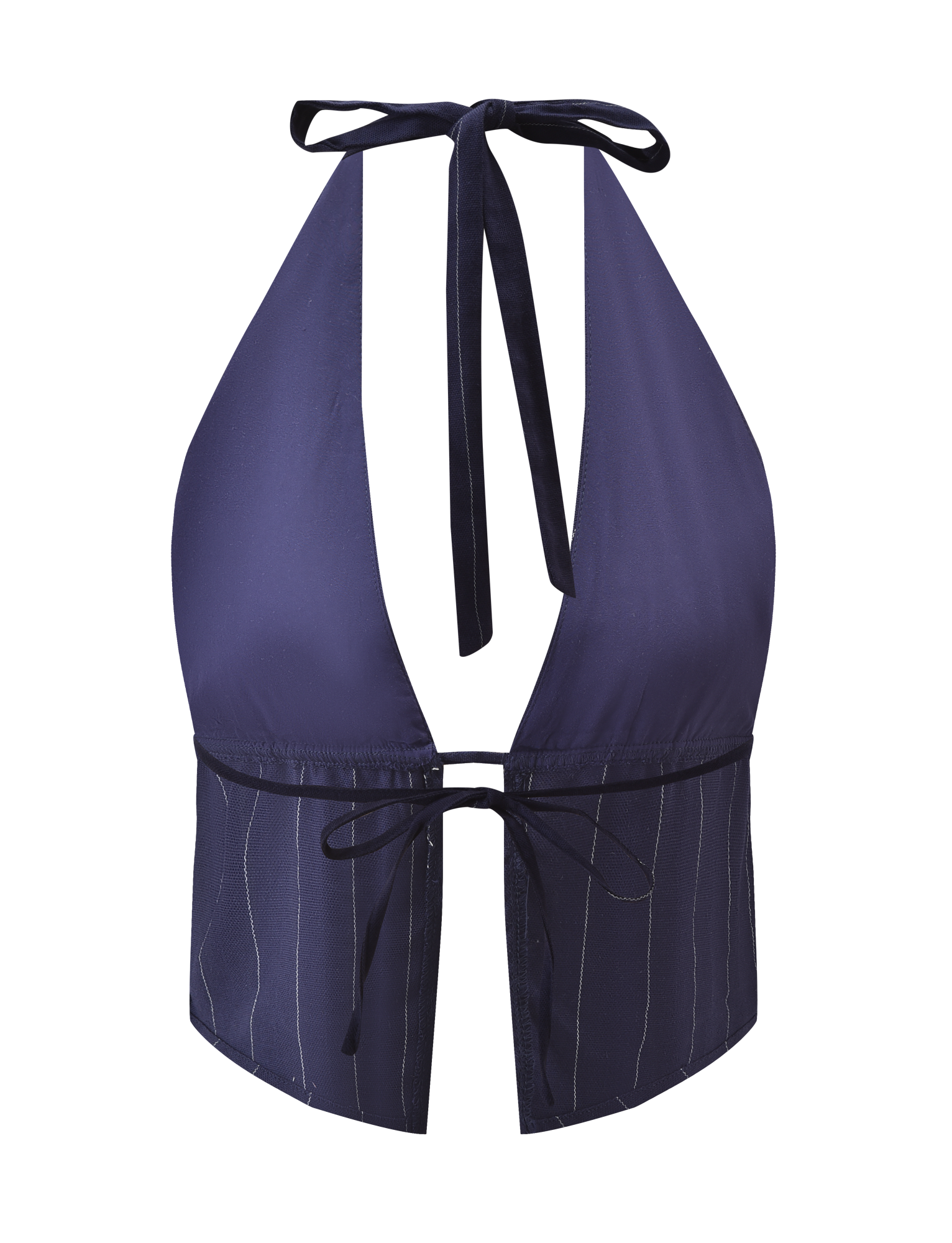 The LAINEY TOP - NAVY PINSTRIPE by TIGERMIST is a navy halter neck crop top with an adjustable halter, deep V neckline, front tie closure, and subtle navy pinstripe linen on the lower half.