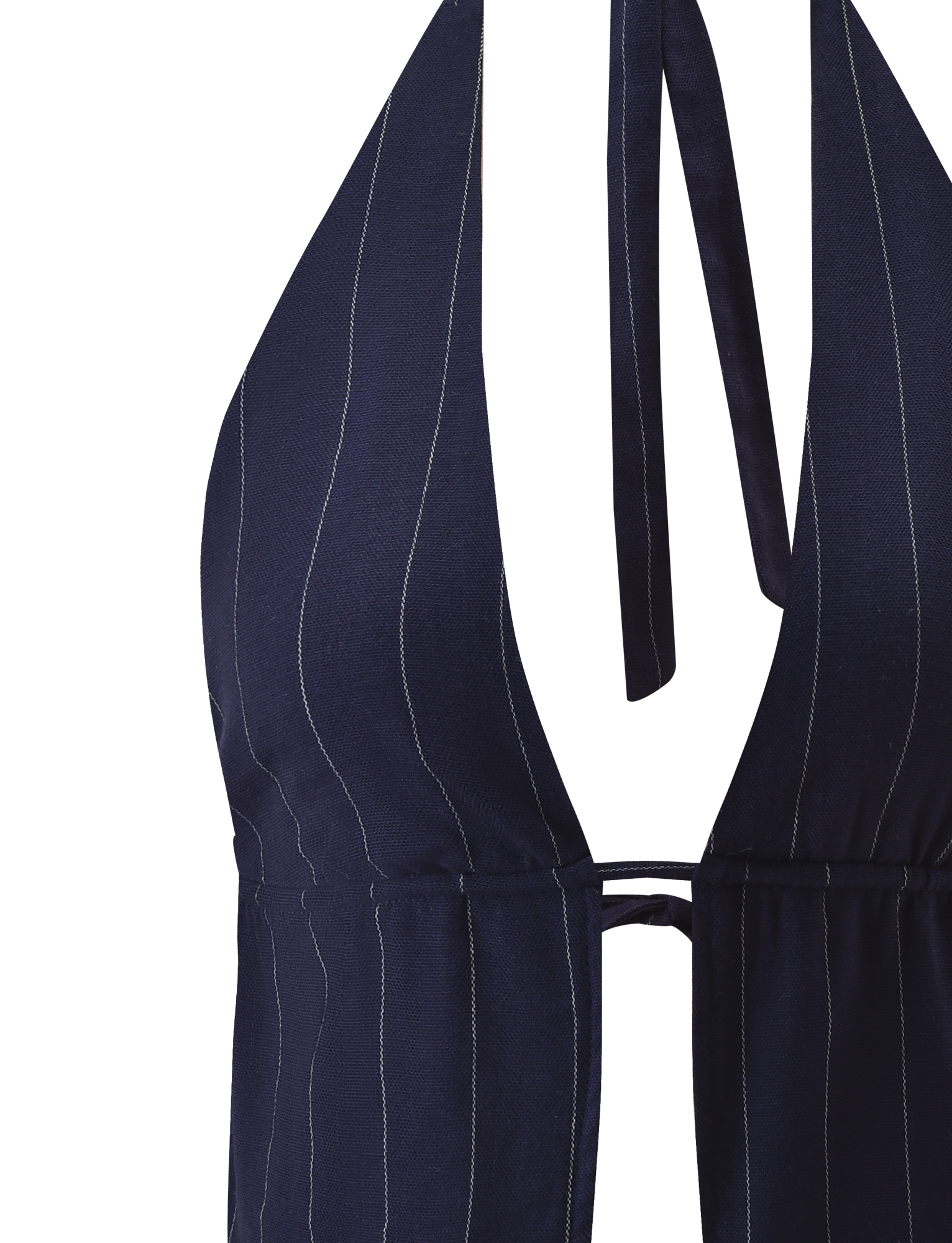 A close-up of the TIGERMIST LAINEY TOP - NAVY PINSTRIPE, showcasing its deep V neckline and adjustable halter tie straps at the back.