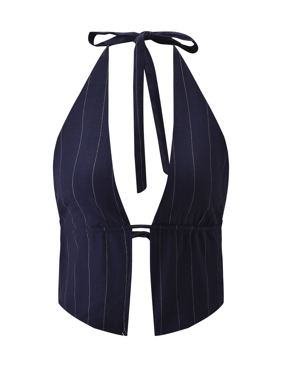 The TIGERMIST LAINEY TOP - NAVY PINSTRIPE is a linen halter featuring thin white pinstripes, an adjustable back tie, deep V neckline, and a small center cutout for a stylish touch.
