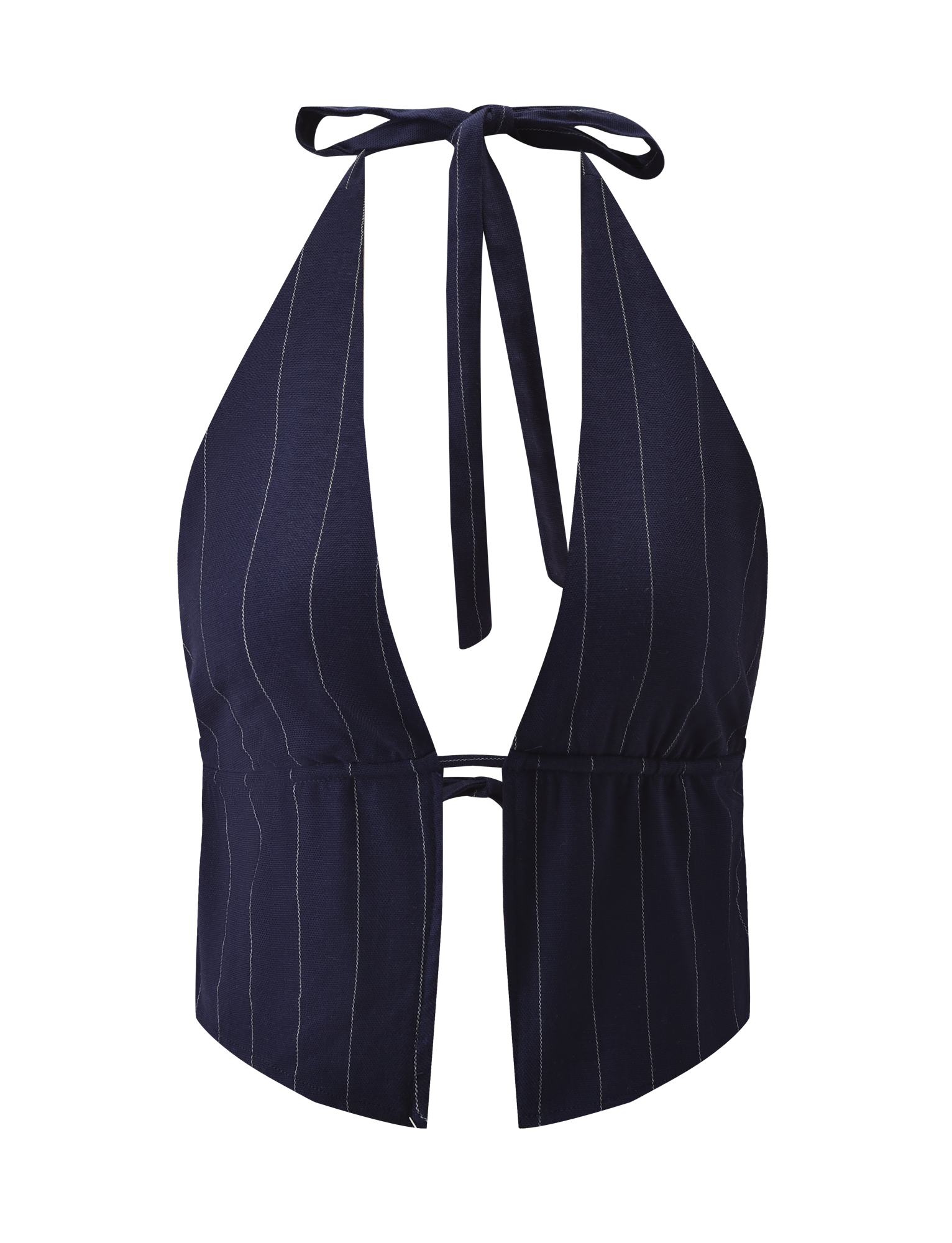 The TIGERMIST LAINEY TOP - NAVY PINSTRIPE is a linen halter featuring thin white pinstripes, an adjustable back tie, deep V neckline, and a small center cutout for a stylish touch.