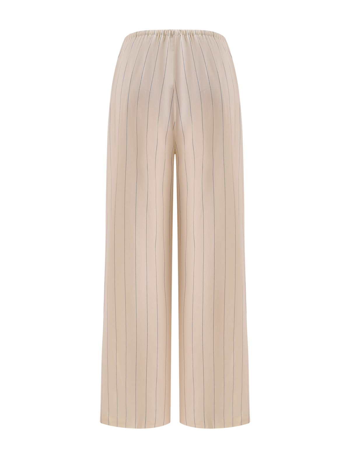 The LAINEY PANT - BEIGE STRIPE by TIGERMIST features beige wide-leg linen pants with thin vertical black pinstripes and an elastic waistband, shown against a plain white background.