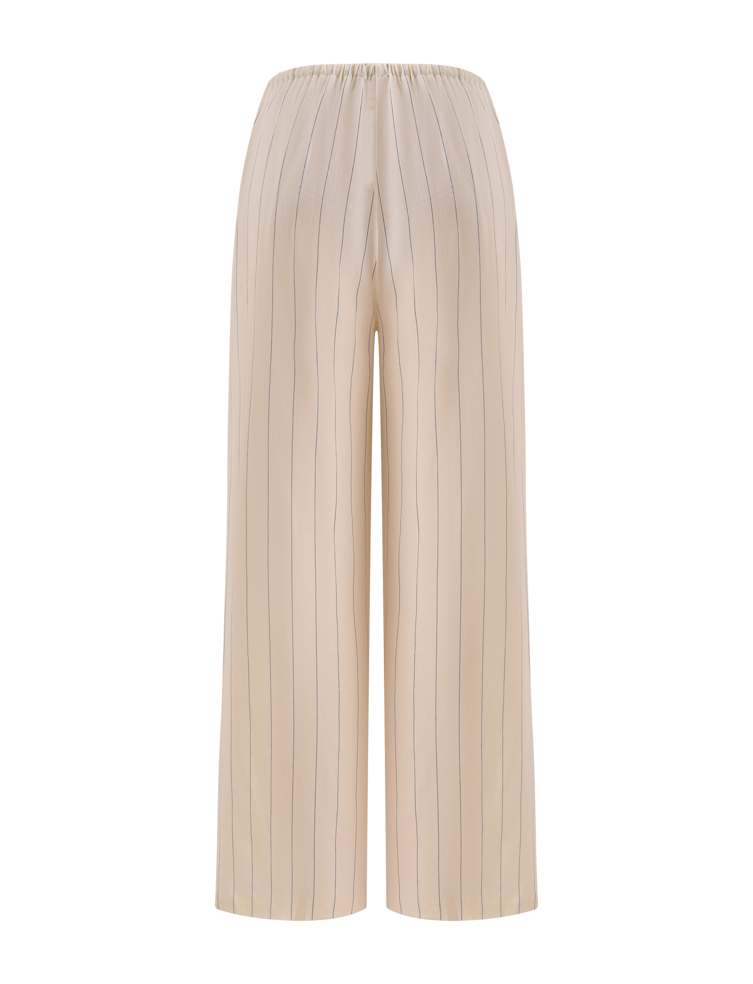 The LAINEY PANT - BEIGE STRIPE by TIGERMIST features beige wide-leg linen pants with thin vertical black pinstripes and an elastic waistband, shown against a plain white background.