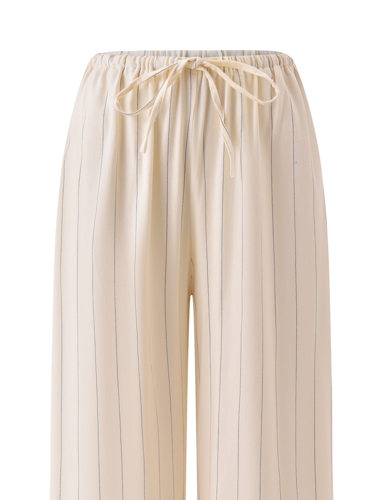 The LAINEY PANT - BEIGE STRIPE by TIGERMIST features cream-colored, wide-leg linen with thin beige pinstripes and an elastic drawstring waistband. The lightweight fabric offers a flowy, comfortable fit.