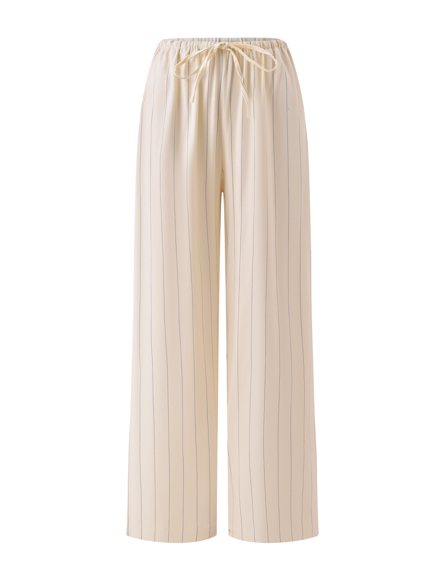 The TIGERMIST LAINEY PANT – BEIGE STRIPE features wide-leg, beige pinstripe linen with an elastic drawstring waistband, shown against a white background.