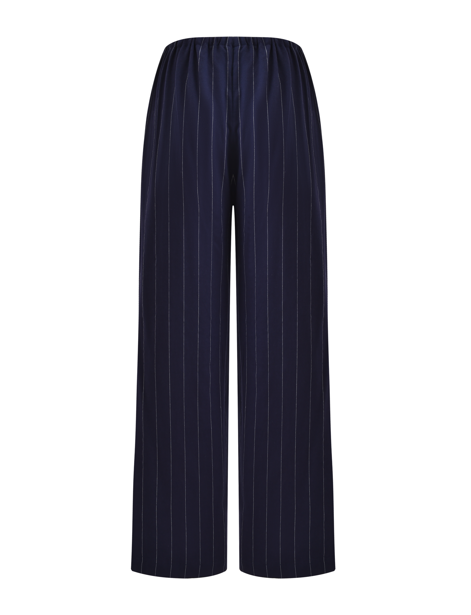 The LAINEY PANT - NAVY PINSTRIPE by TIGERMIST features navy blue wide-leg linen with vertical white pinstripes and an elasticated waist, shown against a plain white background.