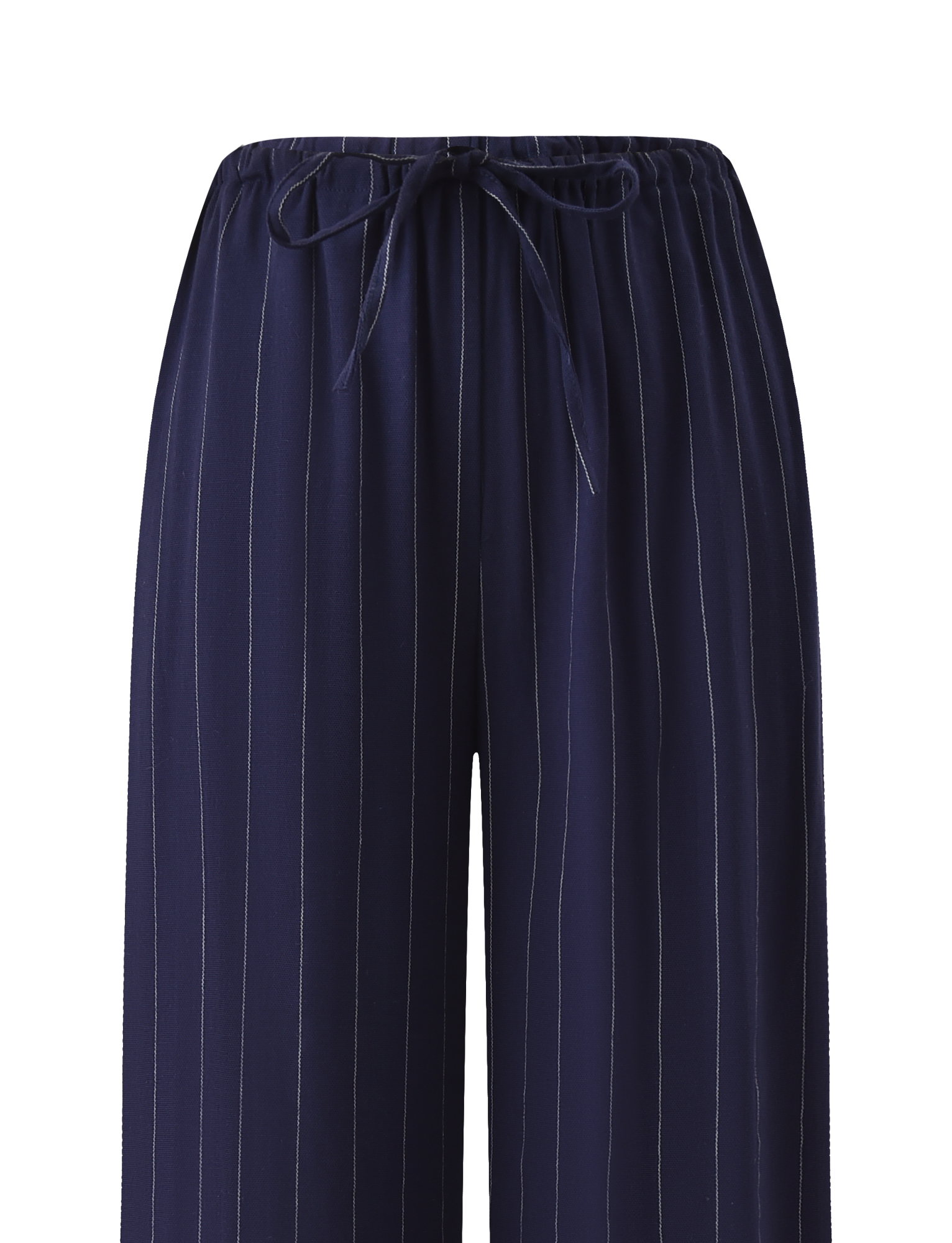 The TIGERMIST LAINEY PANT in navy pinstripe features wide legs, white vertical stripes, and an elasticated drawstring waist. Photographed against a white background.