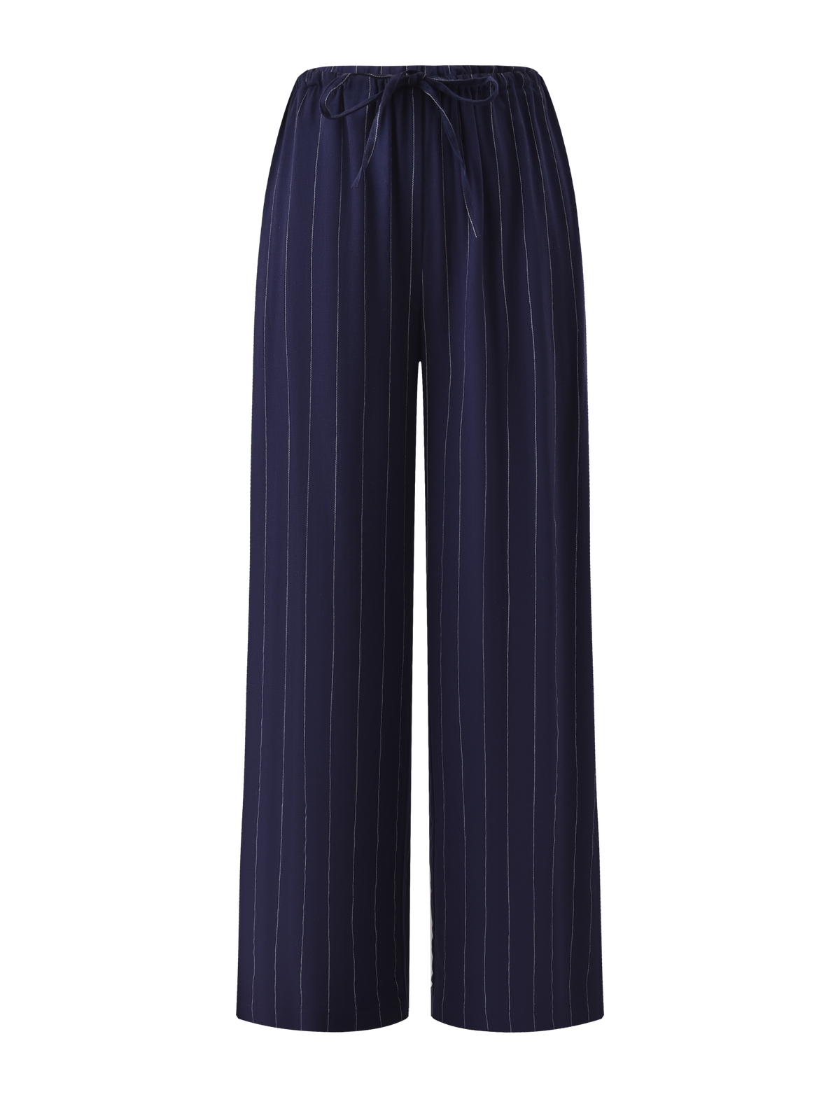 The TIGERMIST LAINEY PANT - NAVY PINSTRIPE features wide-leg linen in navy with thin white pinstripes, an elasticated waist, and a drawstring tie, shown against a plain white background.
