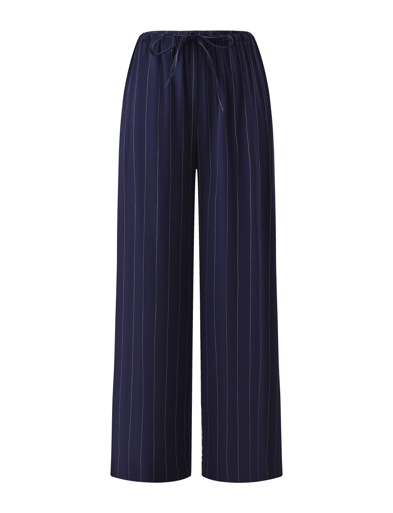 The TIGERMIST LAINEY PANT - NAVY PINSTRIPE features wide-leg linen in navy with thin white pinstripes, an elasticated waist, and a drawstring tie, shown against a plain white background.