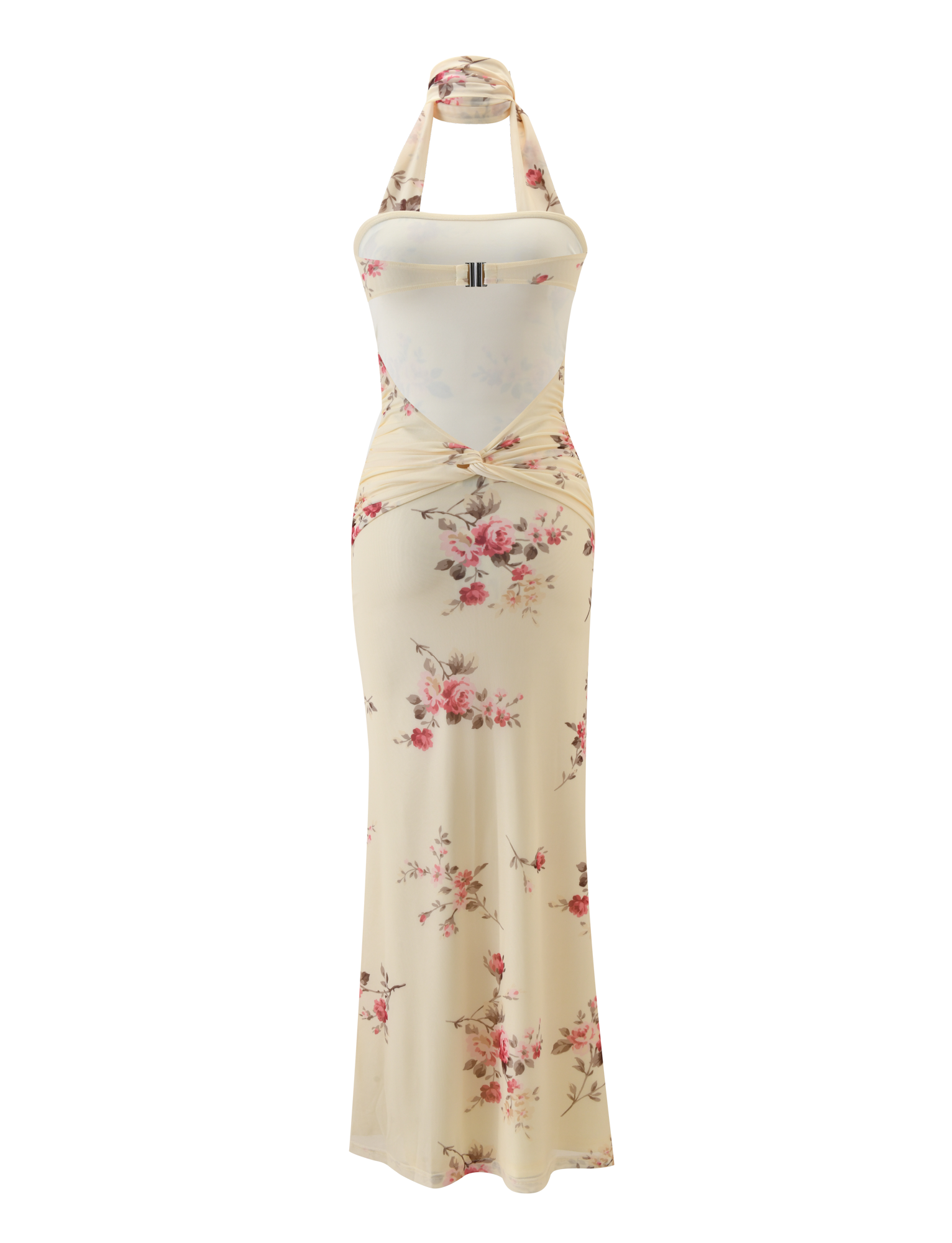 The DANIELA SCARF DRESS - YELLOW FLORAL by TIGERMIST is a sleeveless, floor-length dress with yellow floral patterns, a halter neckline, fitted bodice, ruched waist, open back, and matching scarf or sash.