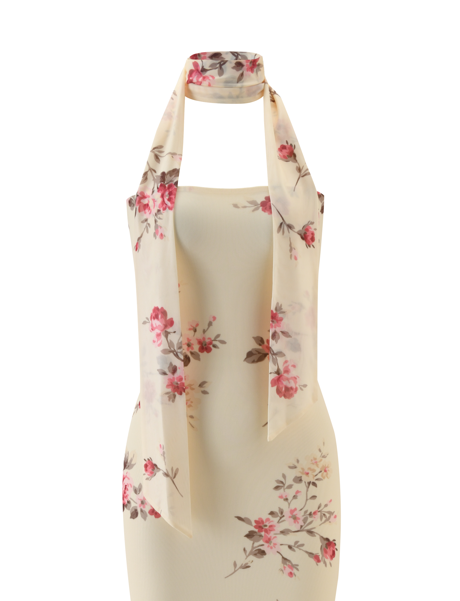 A sleeveless DANIELA SCARF DRESS - YELLOW FLORAL by TIGERMIST with a matching sheer scarf draped around the neck, displayed on a mannequin against a plain white background.