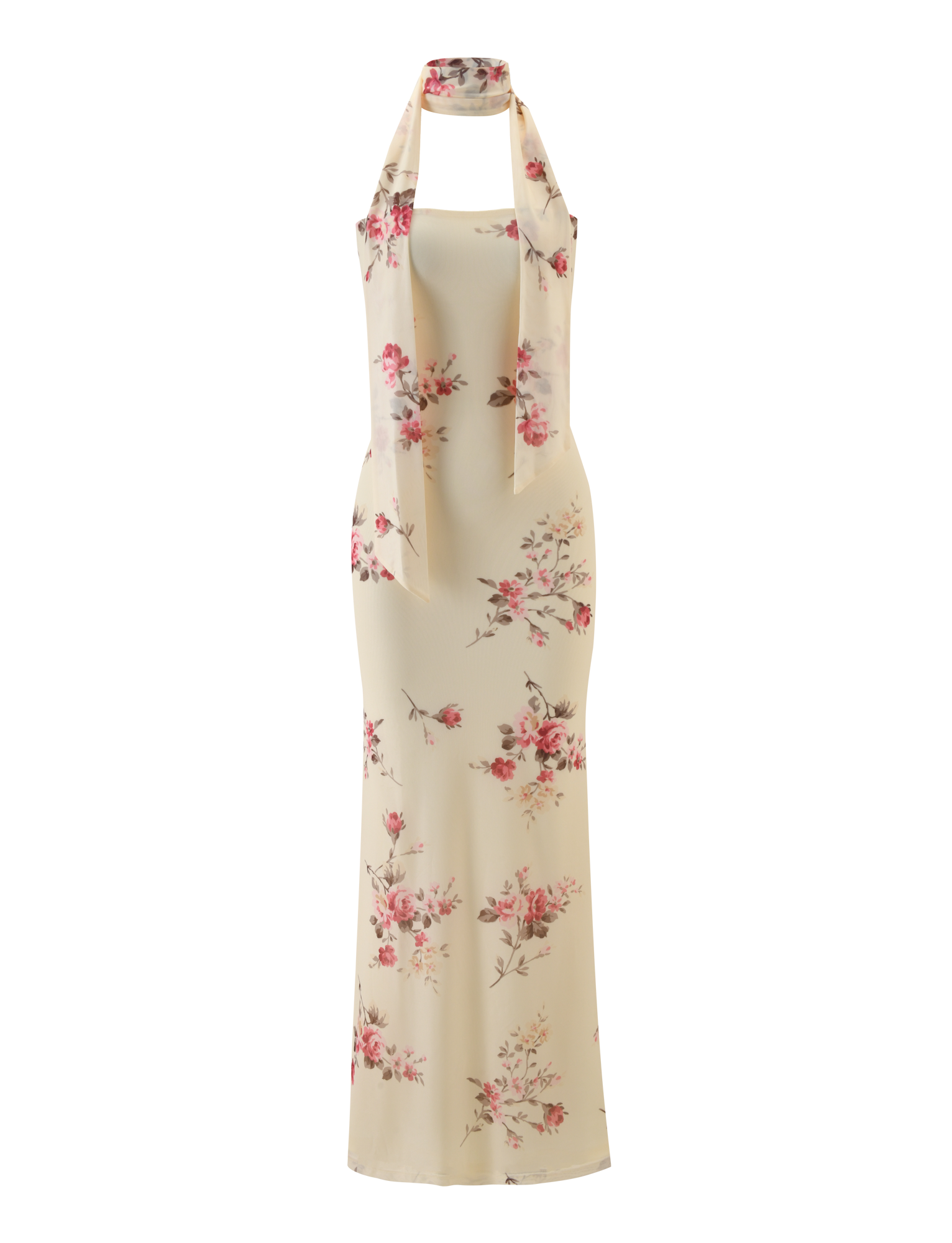 The TIGERMIST DANIELA SCARF DRESS - YELLOW FLORAL is a long, sleeveless open-back dress with a halter neckline and scarf detail, featuring a scattered yellow floral print.