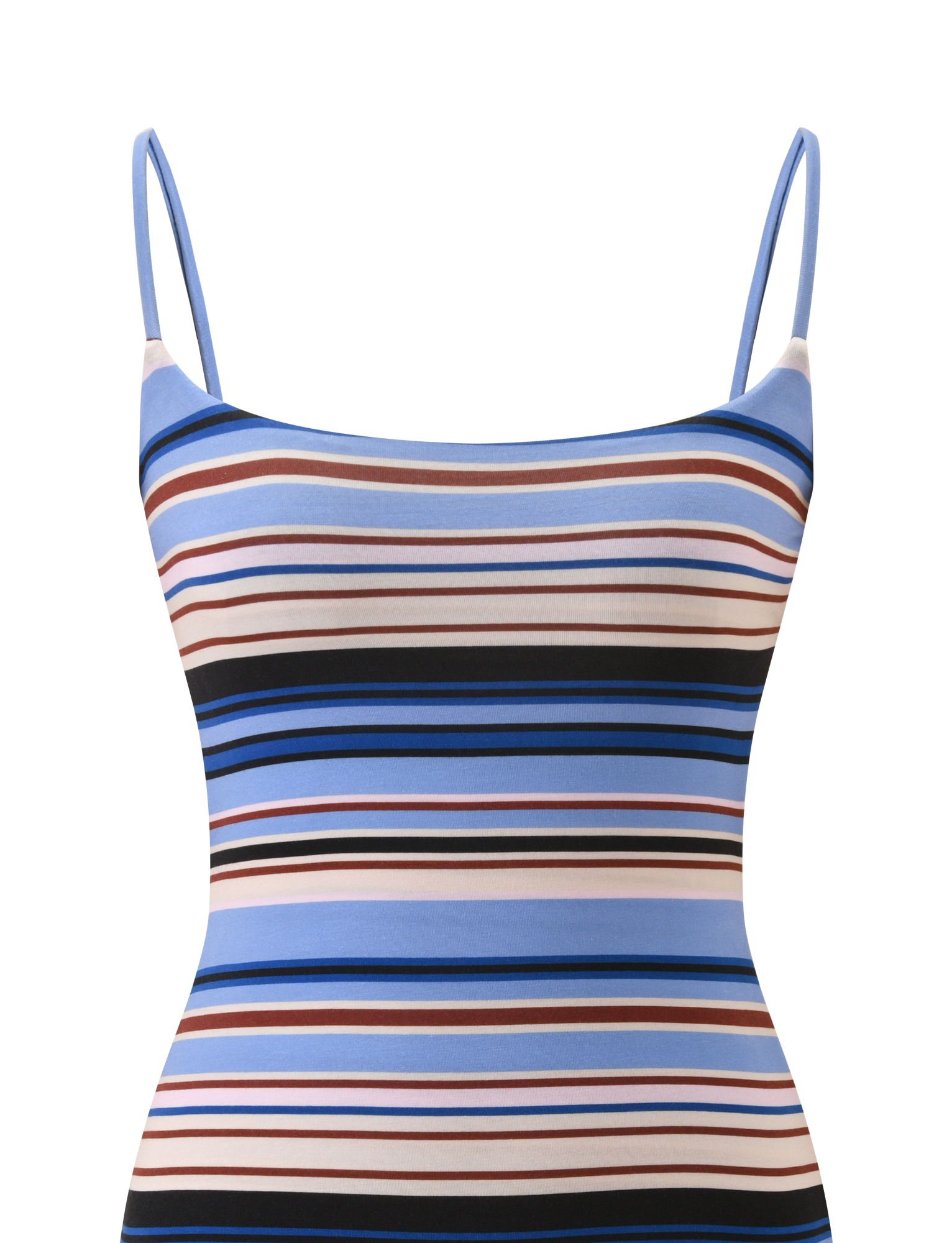 The TIGERMIST MINERVA MINI DRESS - BLUE STRIPE is a sleeveless bodycon mini dress with thin spaghetti straps and horizontal blue, black, white, and brown stripes on a white background.