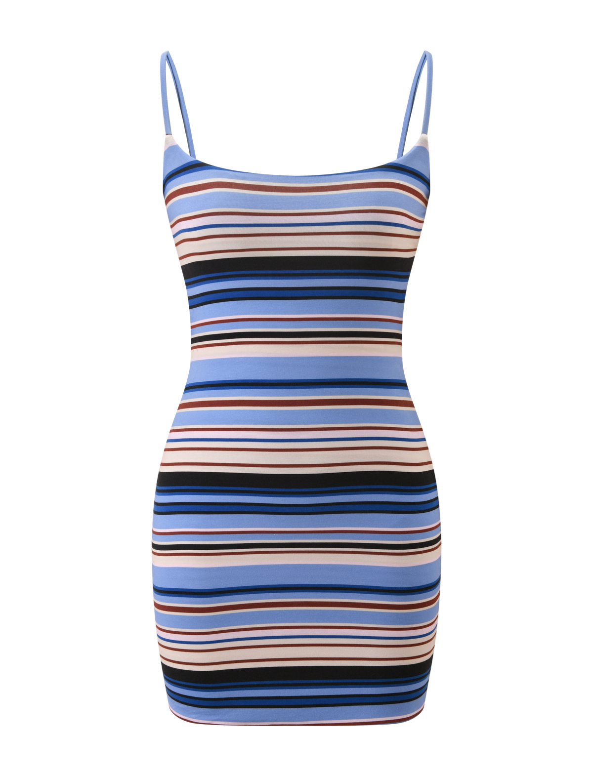 The MINERVA MINI DRESS - BLUE STRIPE by TIGERMIST is a sleeveless, bodycon mini dress with thin adjustable straps and horizontal blue, white, black, and brown stripes, shown against a plain white background.