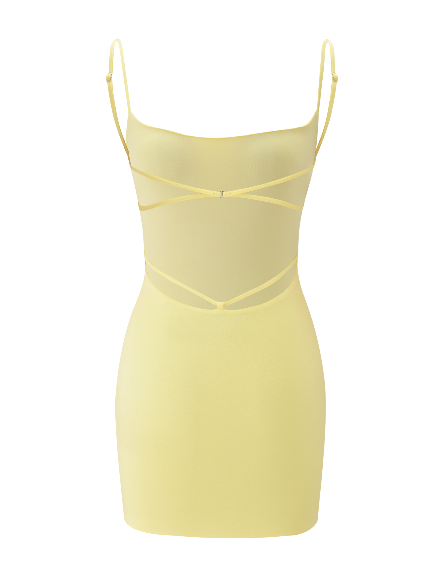 The TIGERMIST MINERVA MINI DRESS in butter yellow is a sleeveless, bodycon mini dress with thin spaghetti straps and crisscross details on the chest and waist, shown against a plain white background.