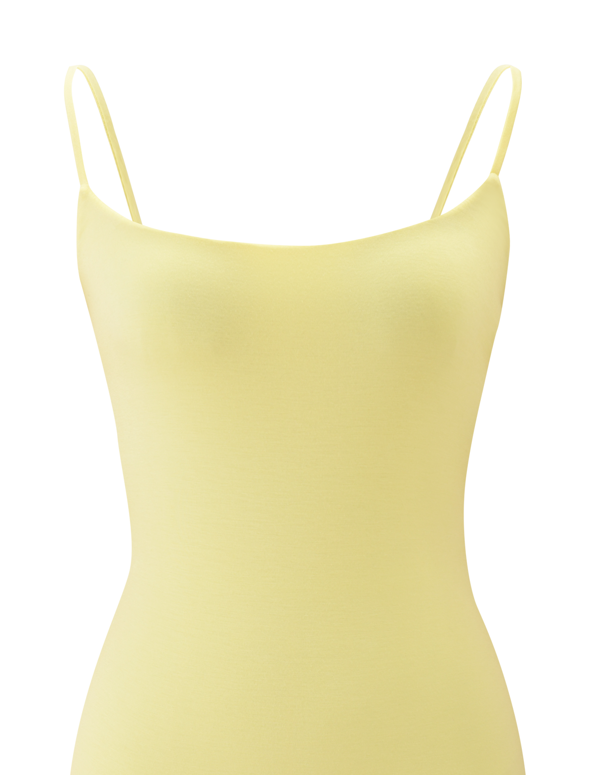 A close-up of the TIGERMIST MINERVA MINI DRESS in butter yellow, featuring thin spaghetti straps, showcased against a plain white background.