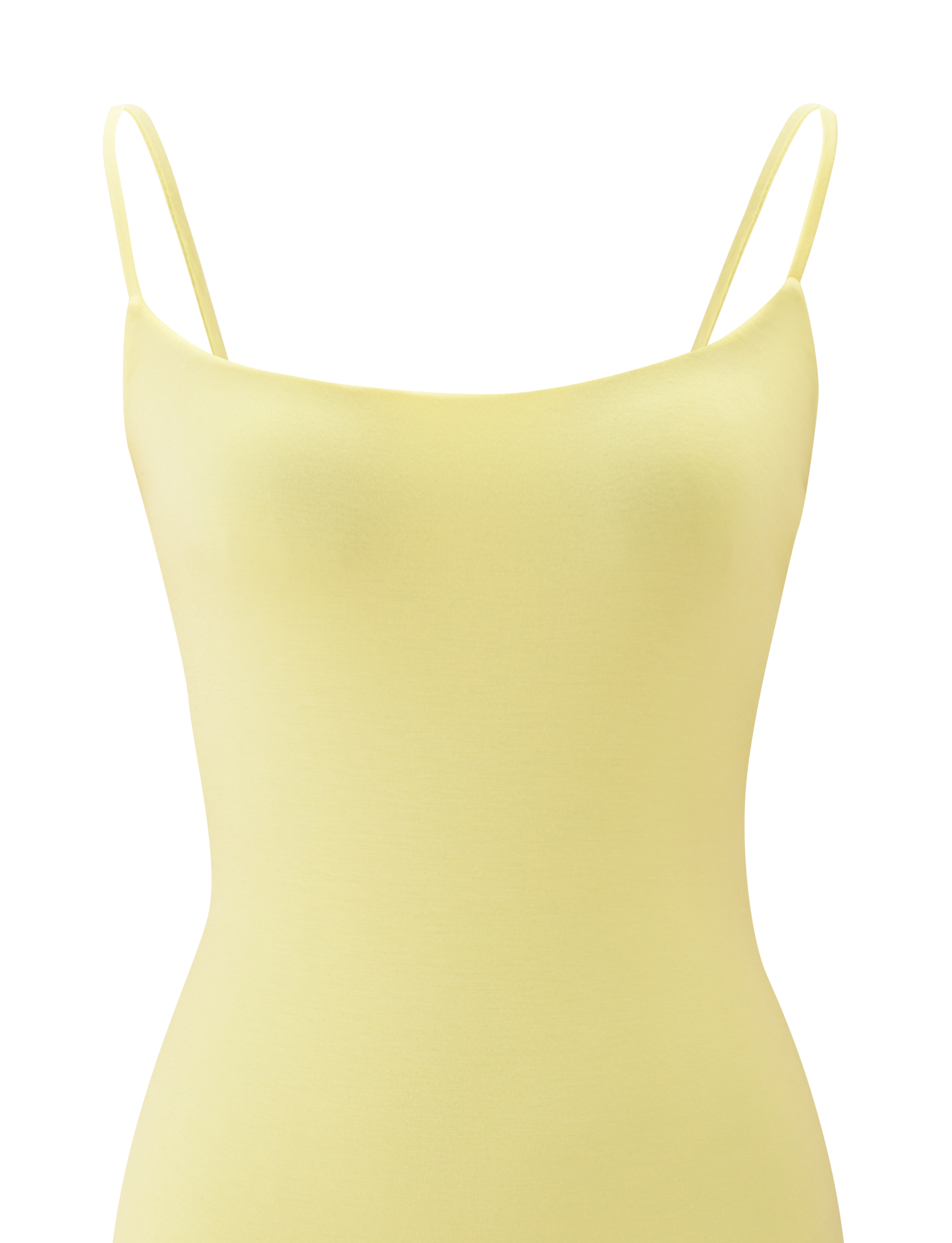 A close-up of the TIGERMIST MINERVA MINI DRESS in butter yellow, featuring thin spaghetti straps, showcased against a plain white background.