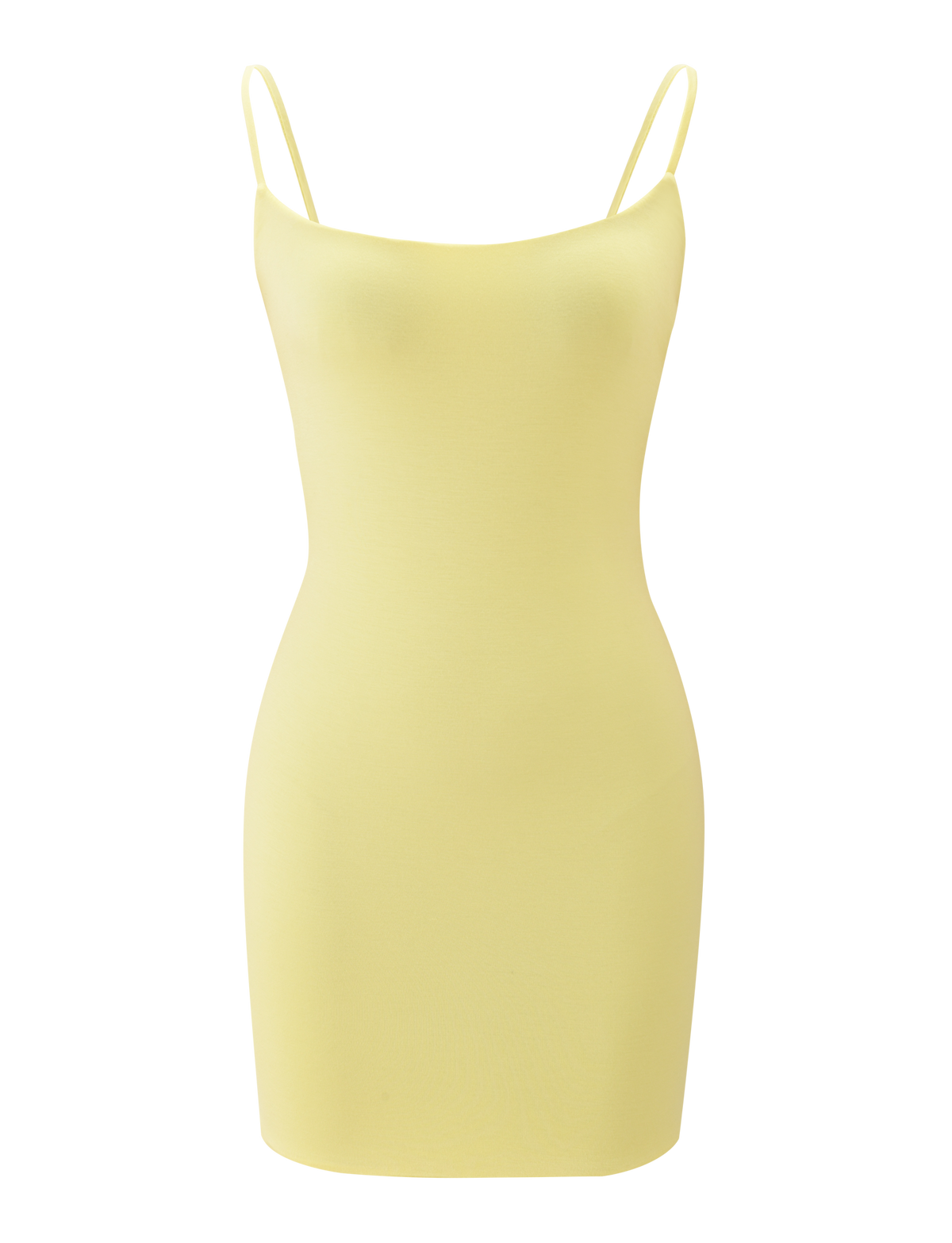 The TIGERMIST MINERVA MINI DRESS in butter yellow is a sleeveless, bodycon mini dress featuring thin spaghetti straps and a stylish cut-out back, shown against a plain white background.
