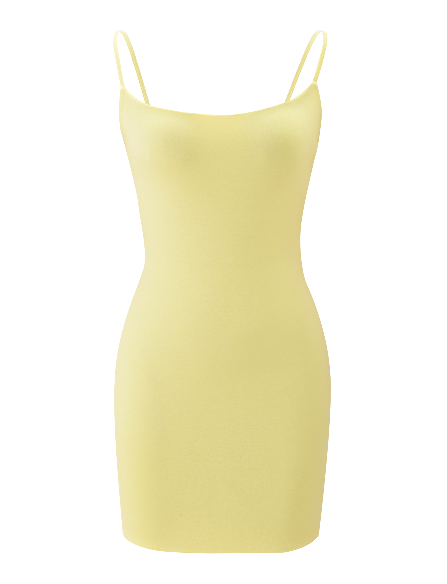 The TIGERMIST MINERVA MINI DRESS in butter yellow is a sleeveless, bodycon mini dress featuring thin spaghetti straps and a stylish cut-out back, shown against a plain white background.