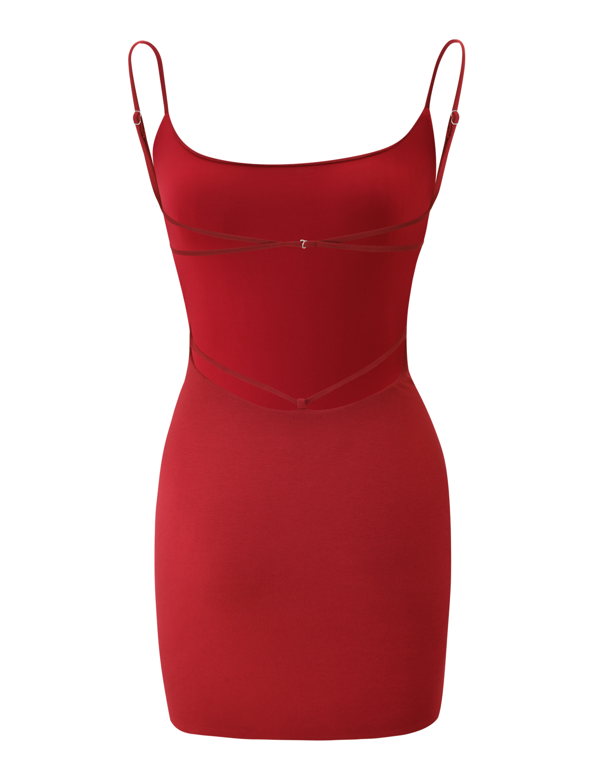 The MINERVA MINI DRESS by TIGERMIST is a sleeveless, form-fitting red bodycon dress with thin adjustable straps and subtle strap details on the chest and waist, shown against a white background.