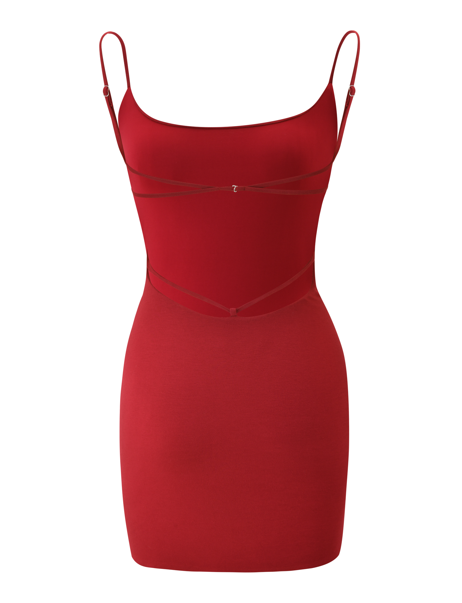 The MINERVA MINI DRESS by TIGERMIST is a sleeveless, form-fitting red bodycon dress with thin adjustable straps and subtle strap details on the chest and waist, shown against a white background.