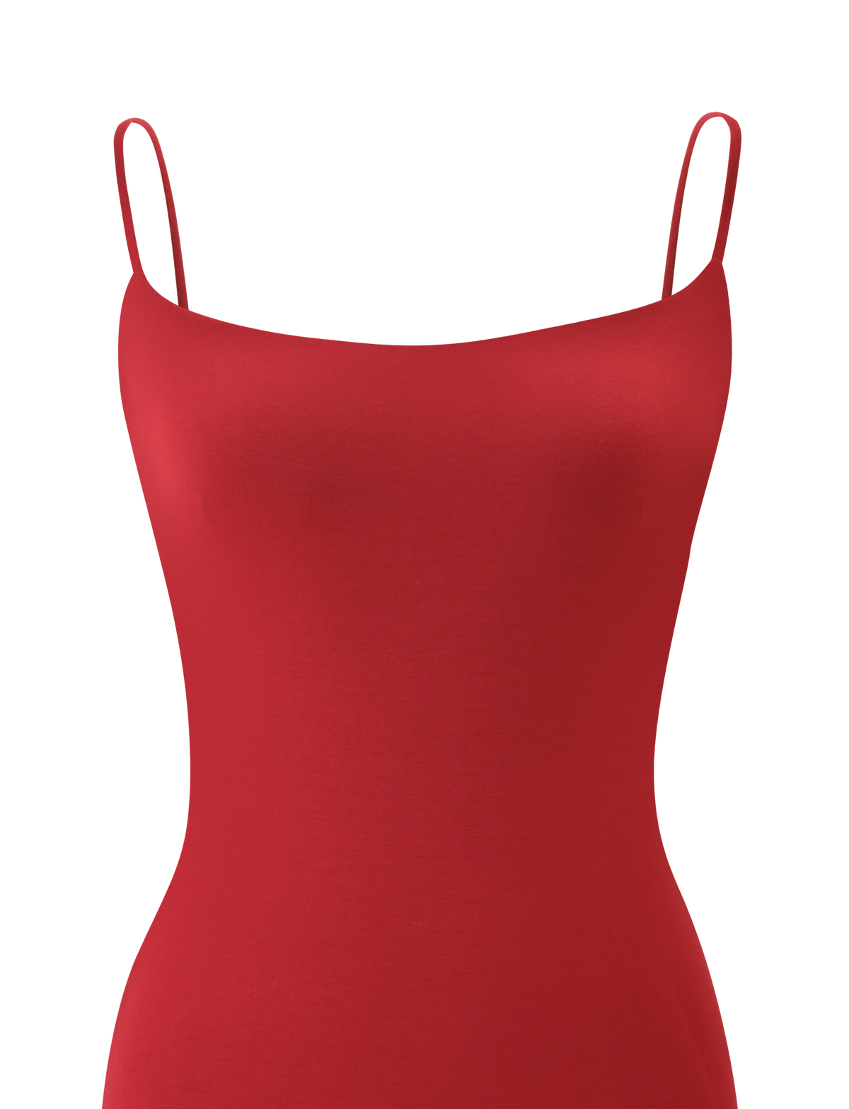 A close-up of the TIGERMIST MINERVA MINI DRESS - RED, a sleeveless bodycon dress with thin, adjustable spaghetti straps, shown against a white background.