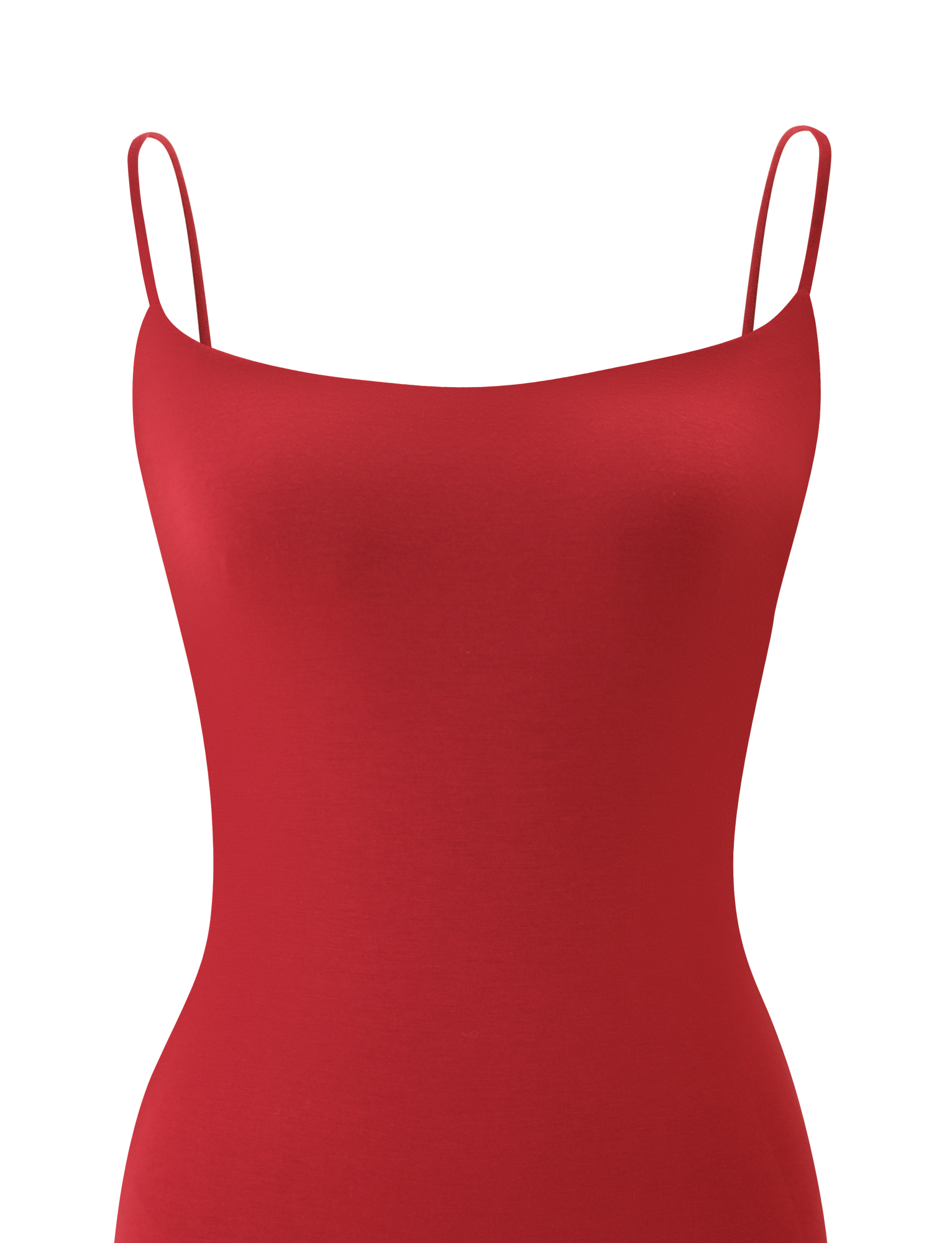 A close-up of the TIGERMIST MINERVA MINI DRESS - RED, a sleeveless bodycon dress with thin, adjustable spaghetti straps, shown against a white background.